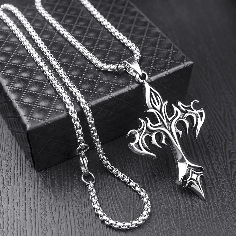 Flaming Gothic Style Cross Necklace in silver stainless steel, showcasing intricate design and craftsmanship.