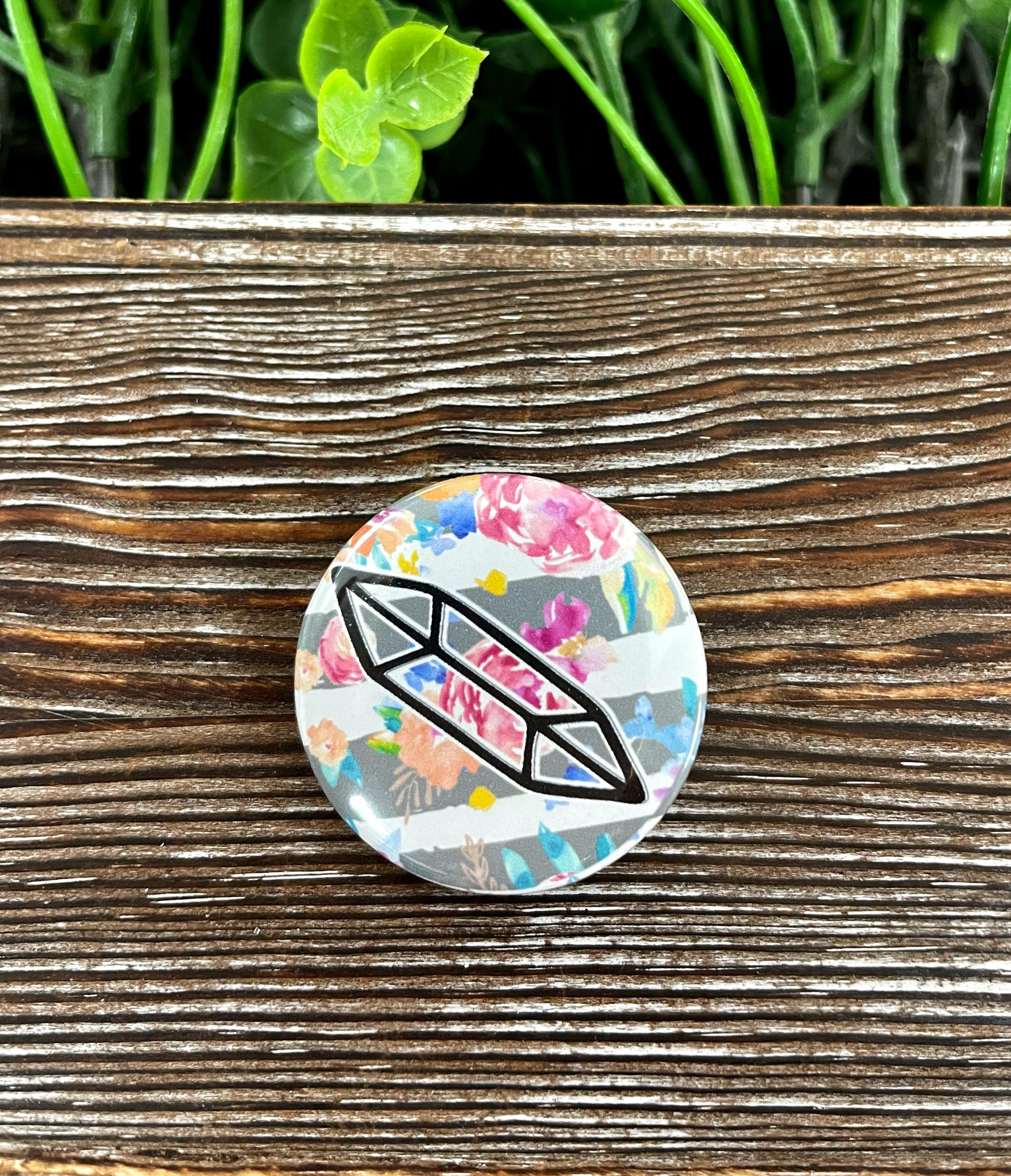 Floral Crystal Gemstone Graphic Art Button, 1.25 inches, featuring a vibrant floral design on a durable plastic back.