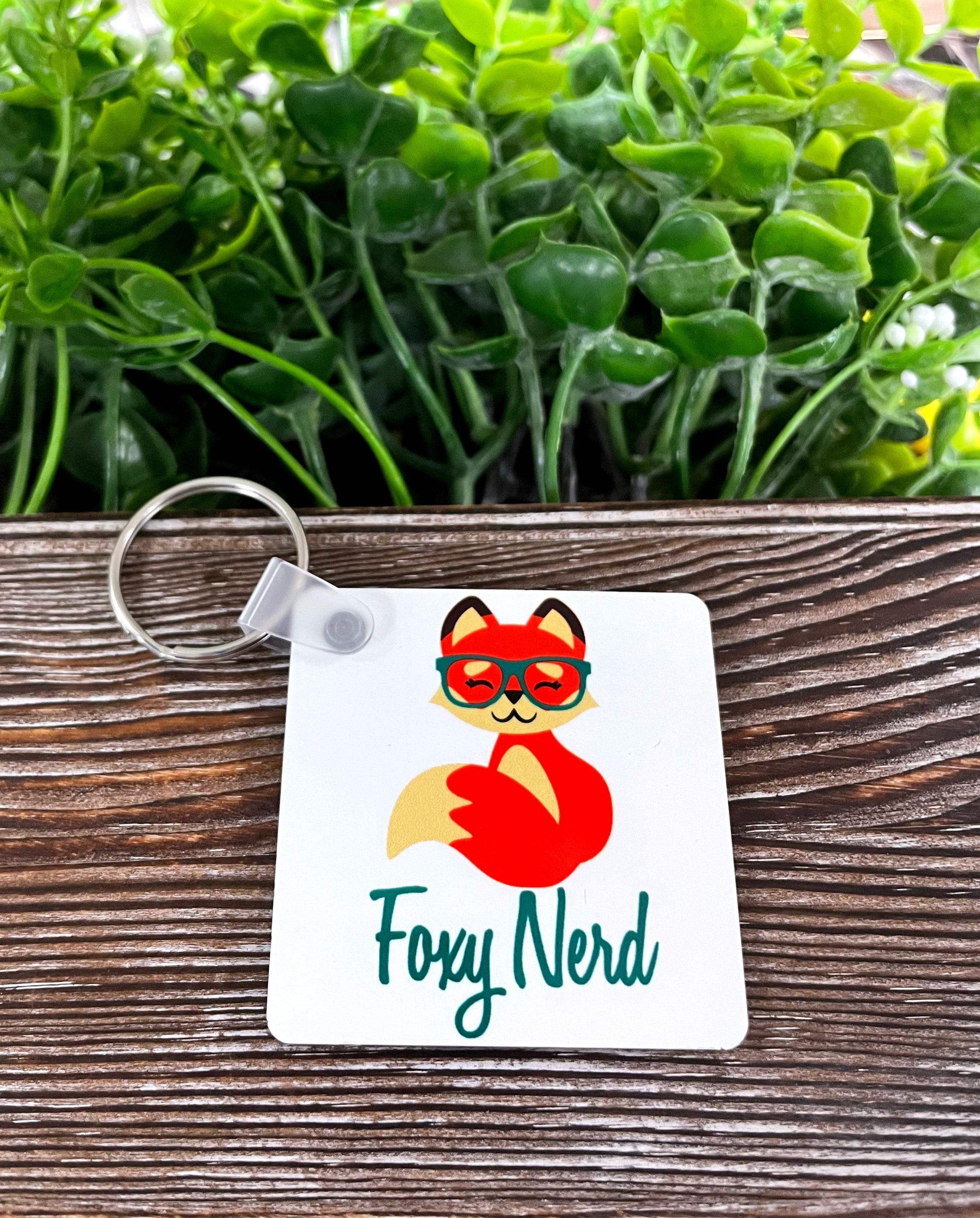 Foxy Nerd MDF Square Keychain featuring a colorful boho design, lightweight and compact, perfect for personal expression.