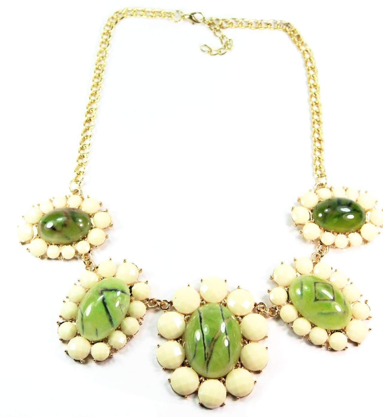 Full Bloom Green Flower Statement Necklace featuring faux stone green flowers, light yellow beads, and a gold tone center design.