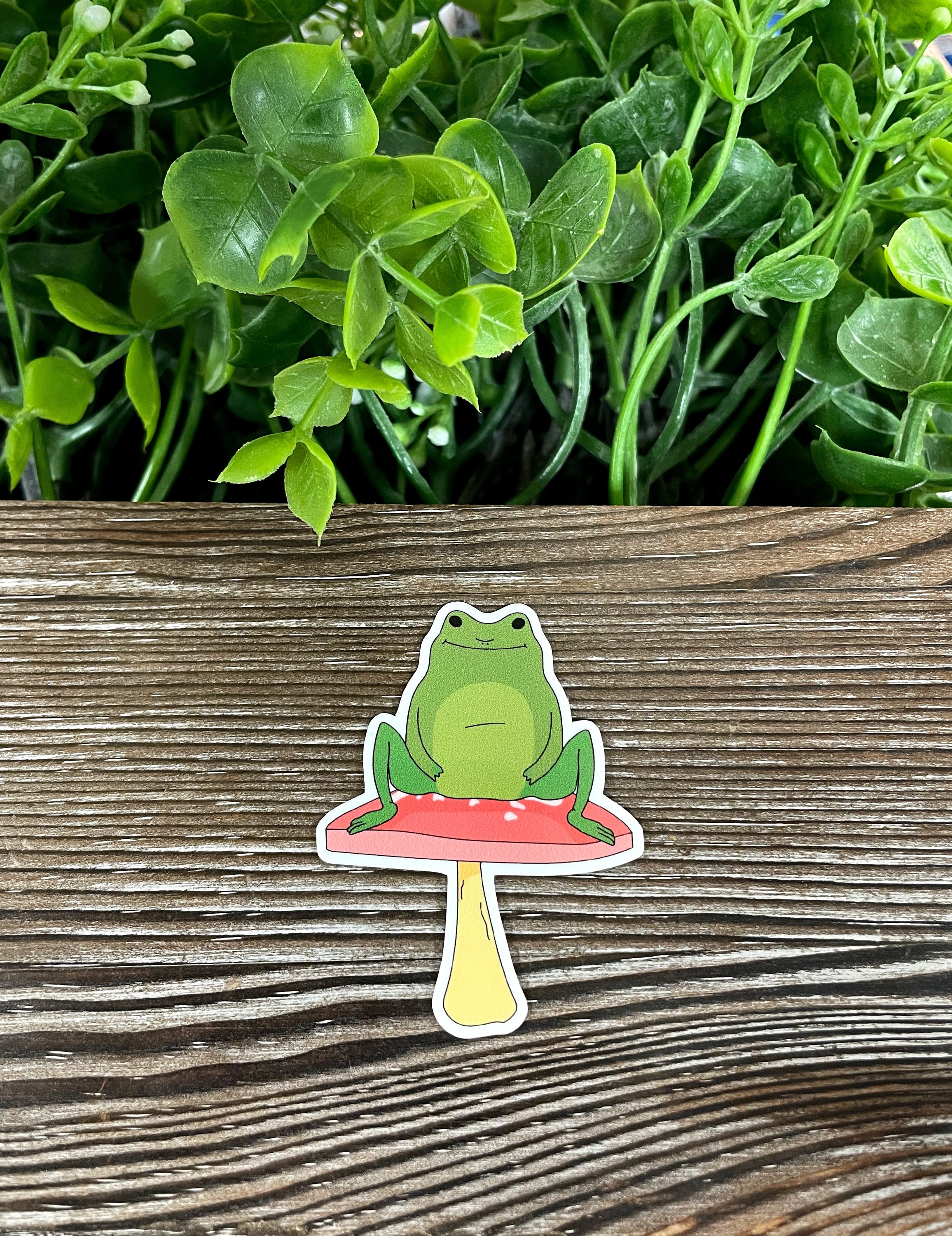 A vibrant green frog sitting on a red mushroom, designed as a die cut vinyl sticker, showcasing a boho fun aesthetic.