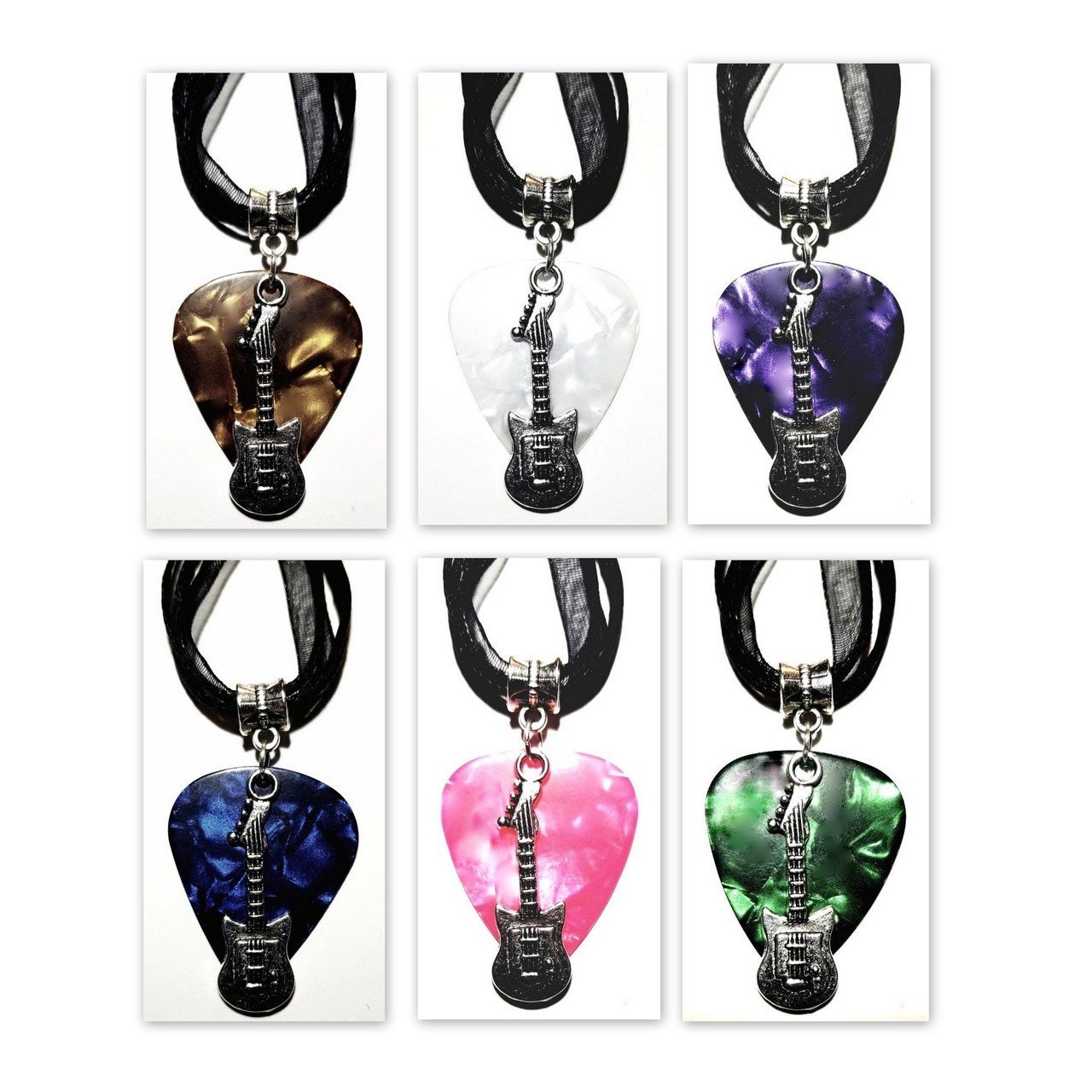 A stylish handmade guitar pick necklace featuring a colorful pendant on a leather cord, perfect for music lovers.