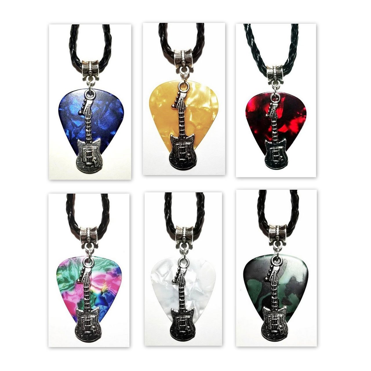 Handmade guitar pick necklace featuring a colorful pendant on a leather cord, perfect for music lovers.