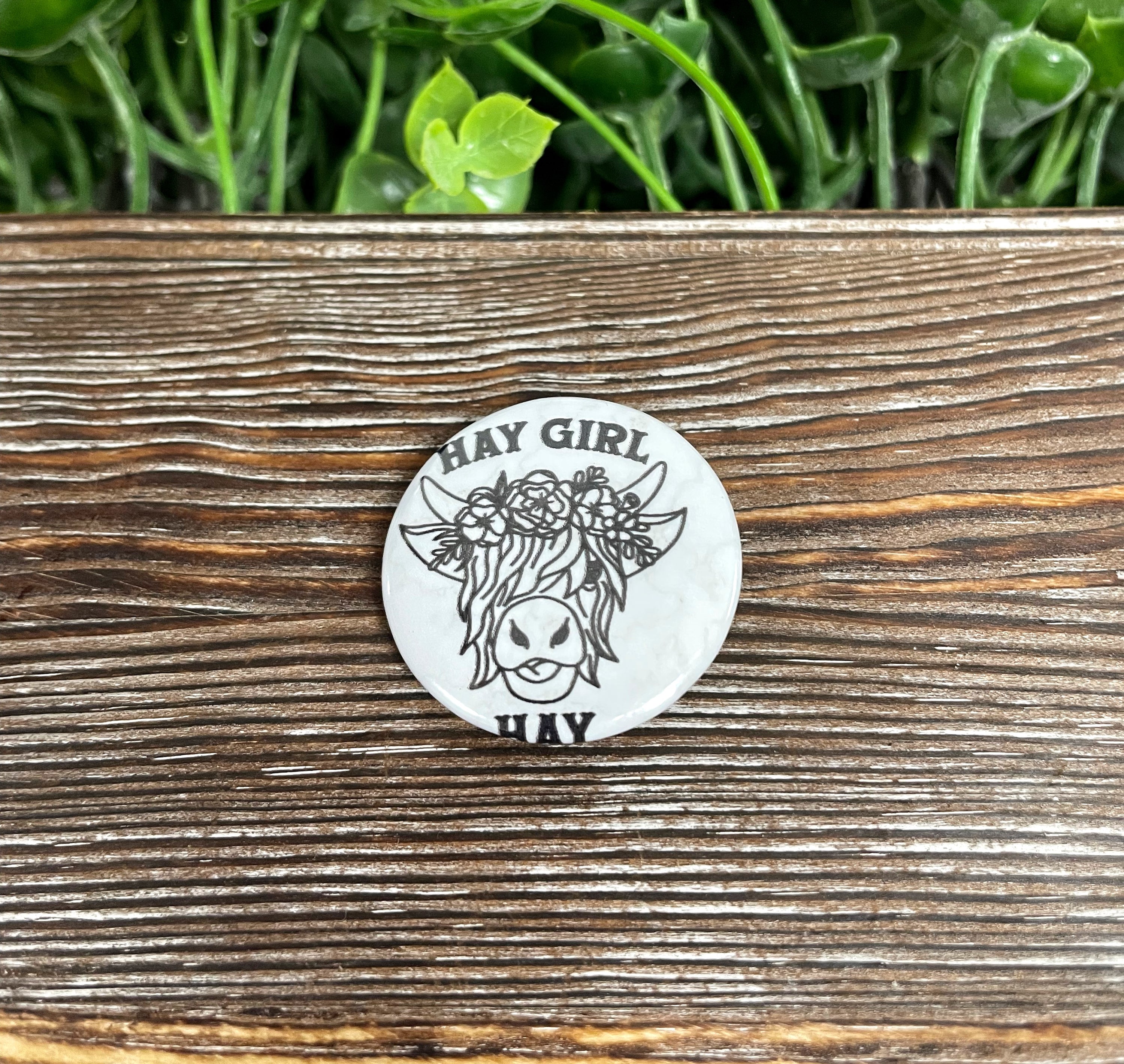 Hay Girl Hay graphic art button featuring a Highland Cow design, measuring 1.25 inches with a plastic back.