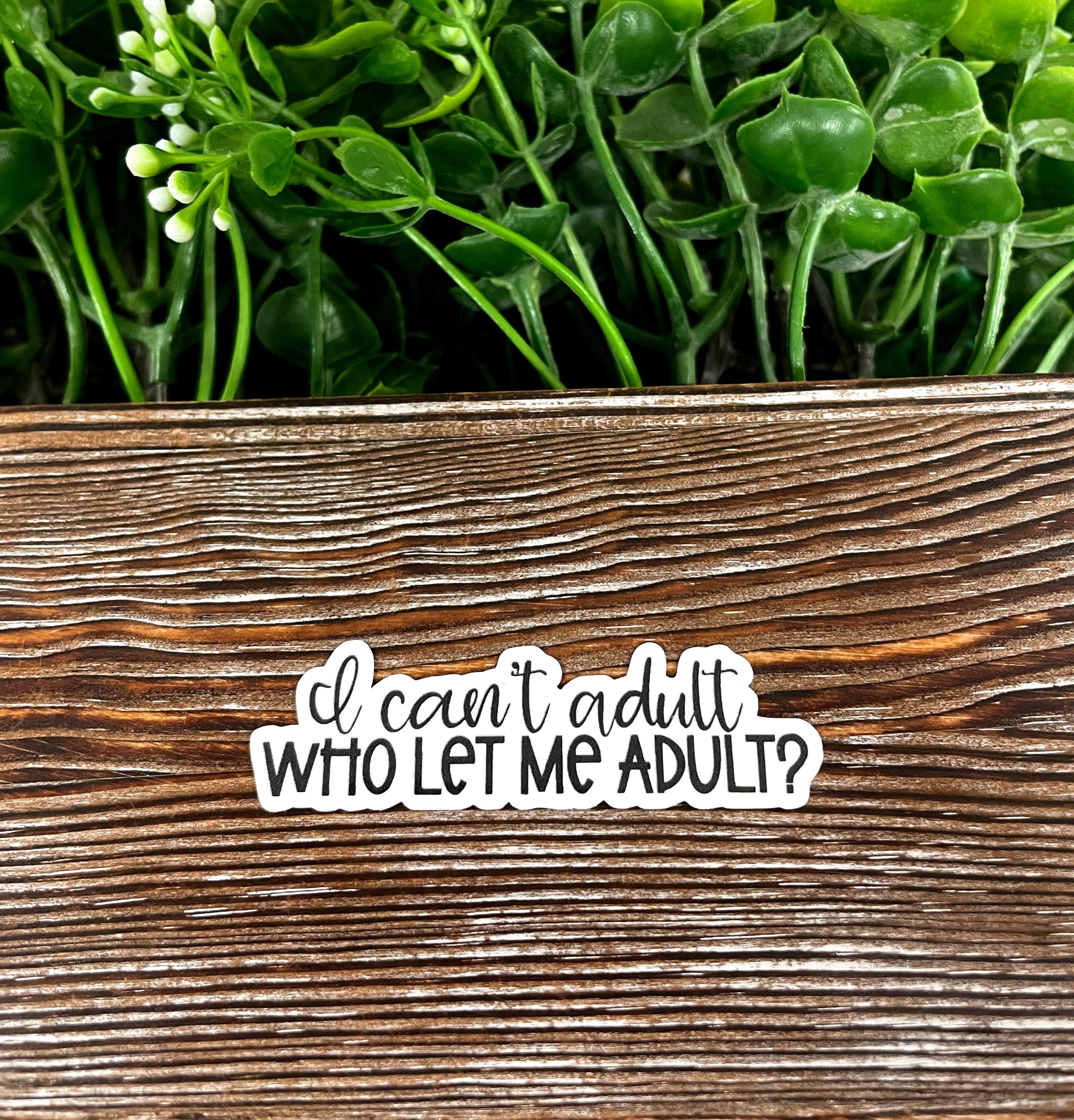 Colorful 'I Can't Adult' die cut vinyl sticker on a smooth surface, showcasing a fun and playful design.
