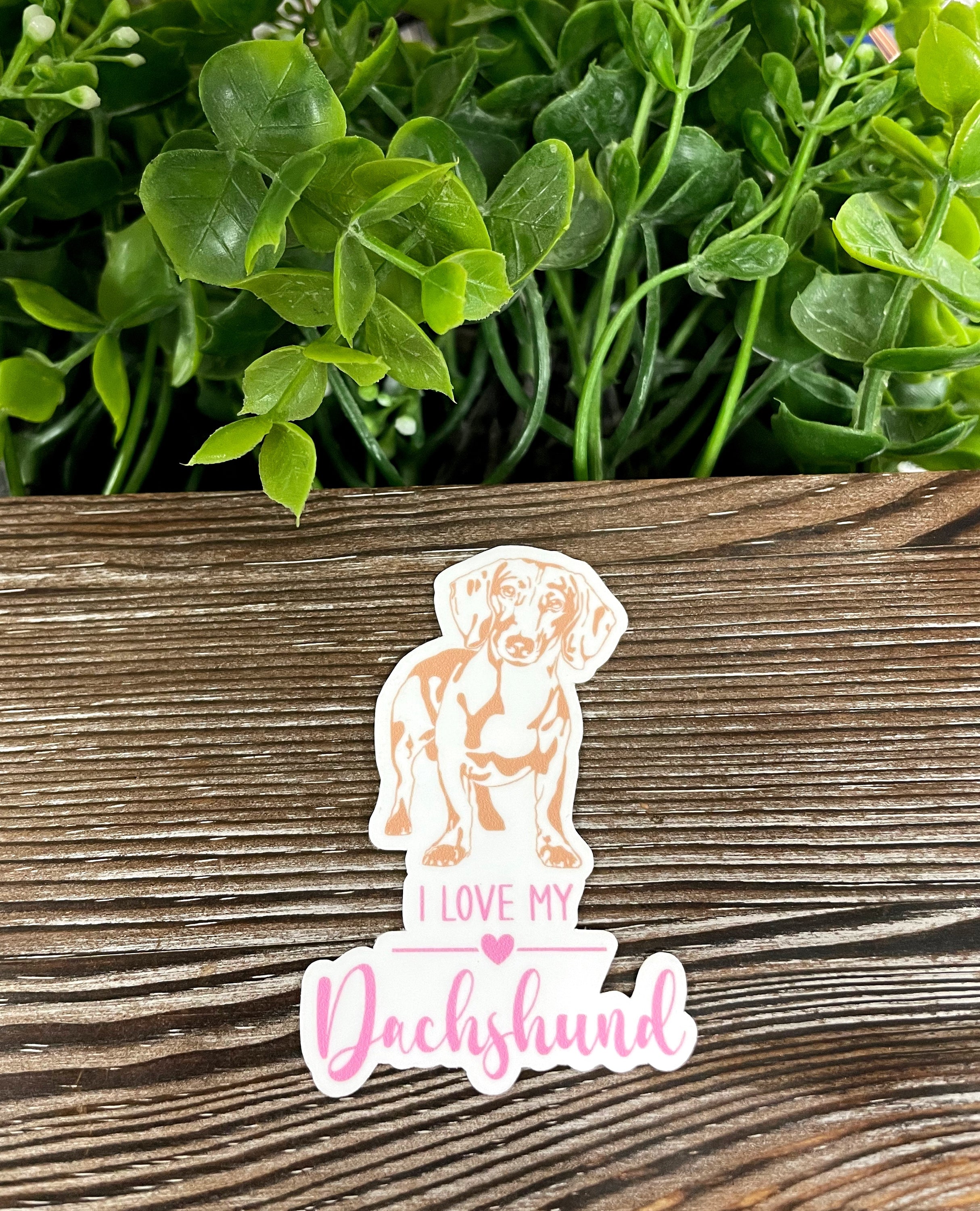 A colorful 'I Love my Dachshund' sticker featuring a cute Dachshund illustration, perfect for decorating various smooth surfaces.