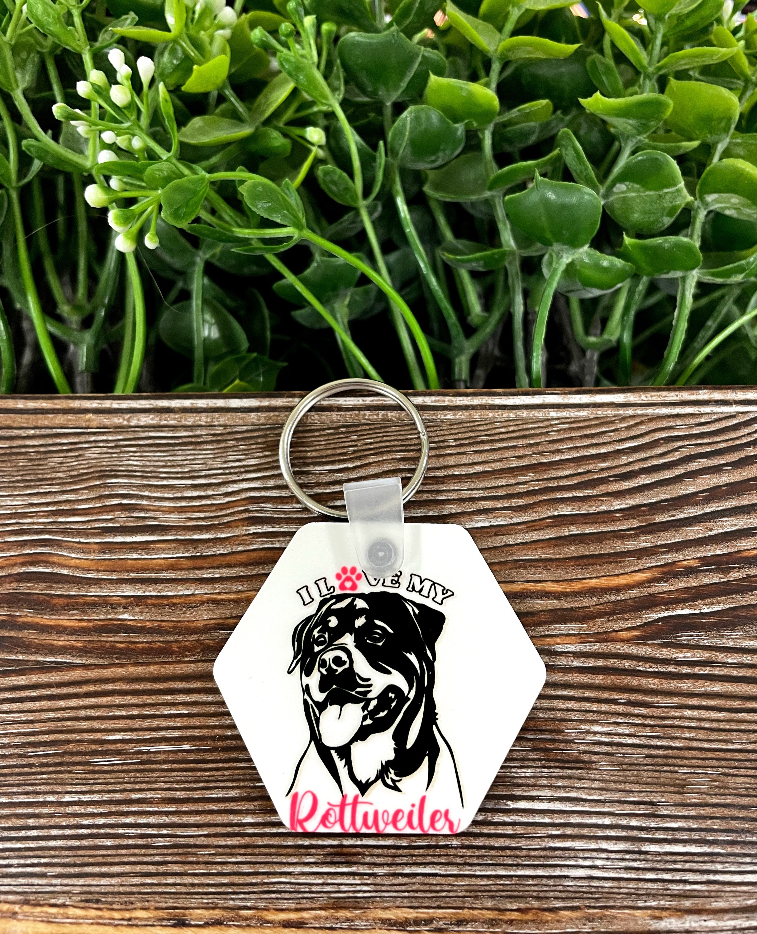 I Love my Rottweiler MDF hexagon keychain, lightweight and colorful, showcasing a unique design for dog lovers.