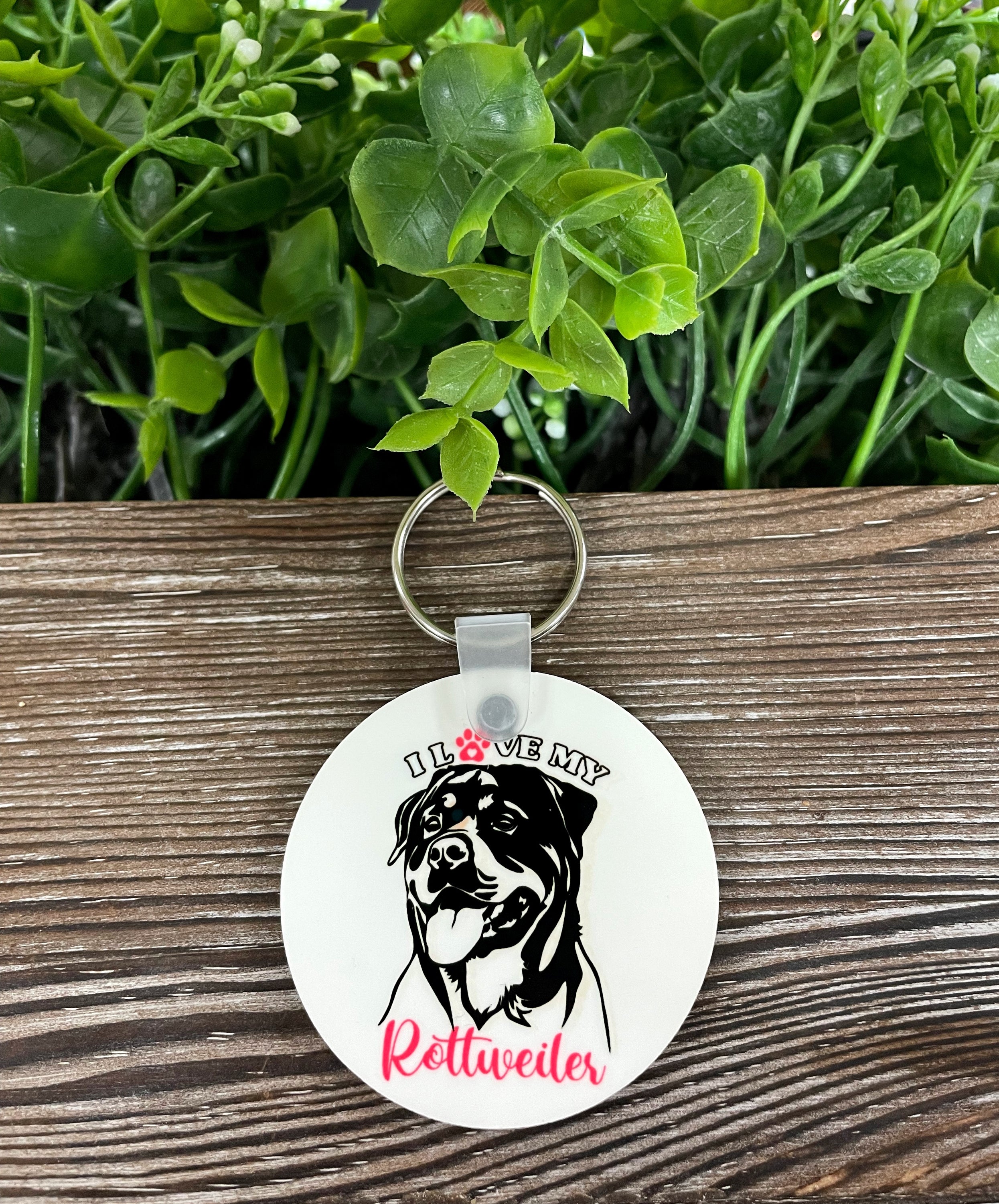 Lightweight MDF round keychain featuring 'I Love my Rottweiler' design, perfect for dog moms.