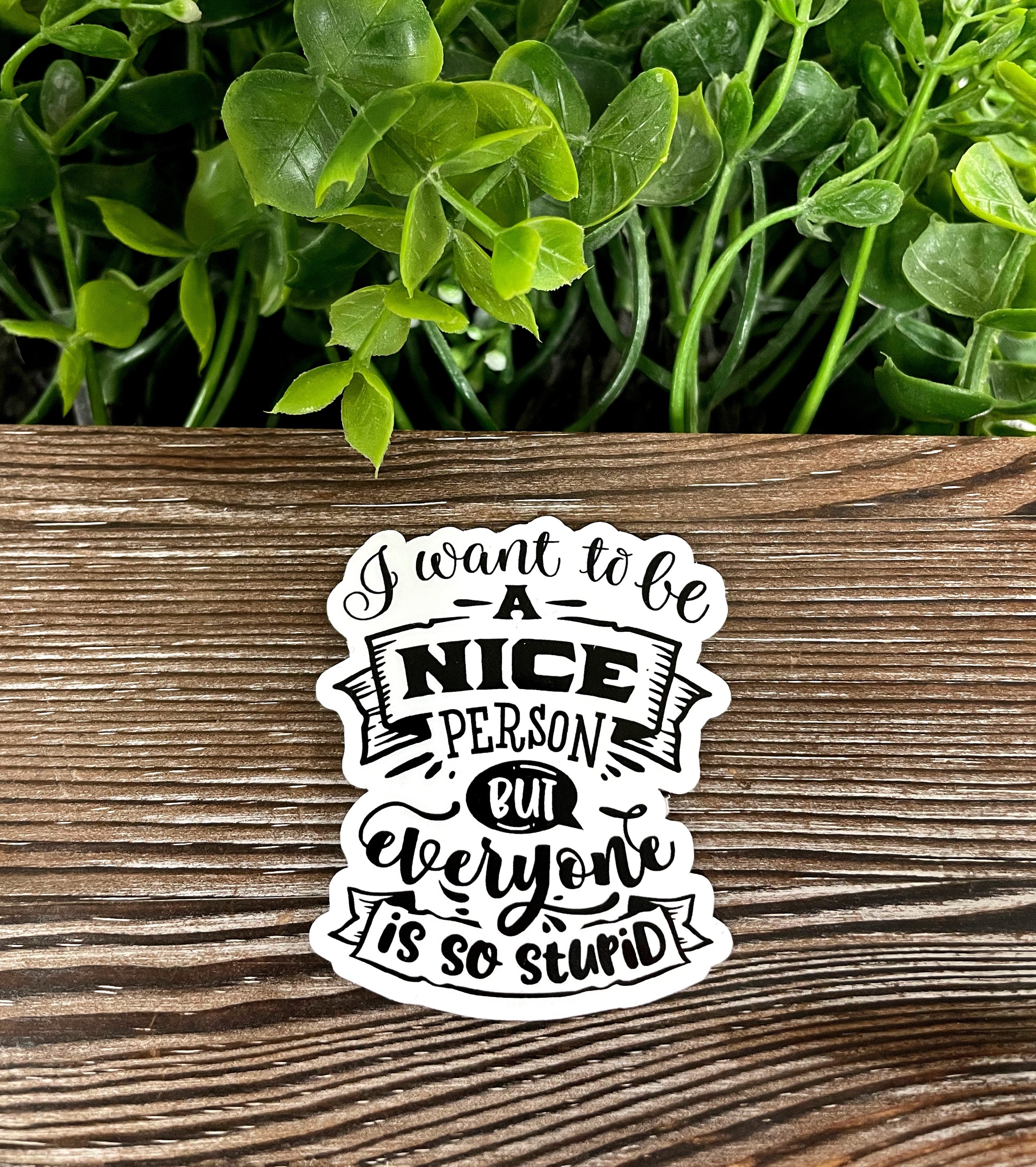 A vibrant die-cut sticker featuring the phrase 'I Want to be a Nice Person but Everyone is so Stupid', showcasing its humorous design.