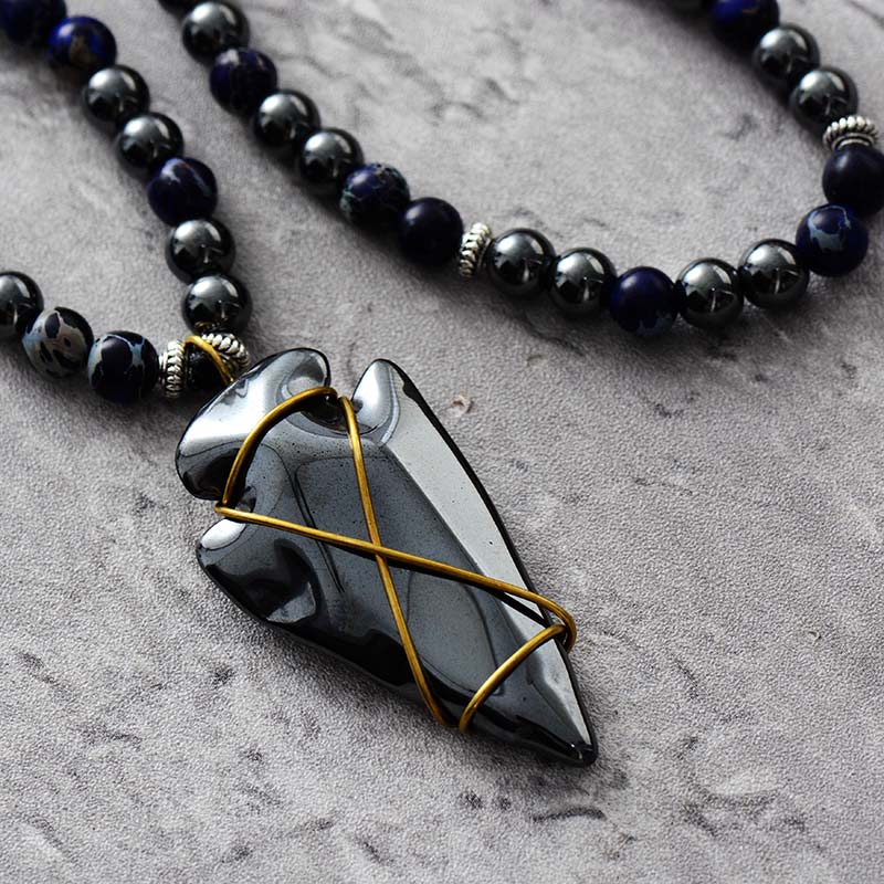 Imperial Jasper & Hematite Steampunk Arrowhead Necklace featuring unique stones and a stylish design.