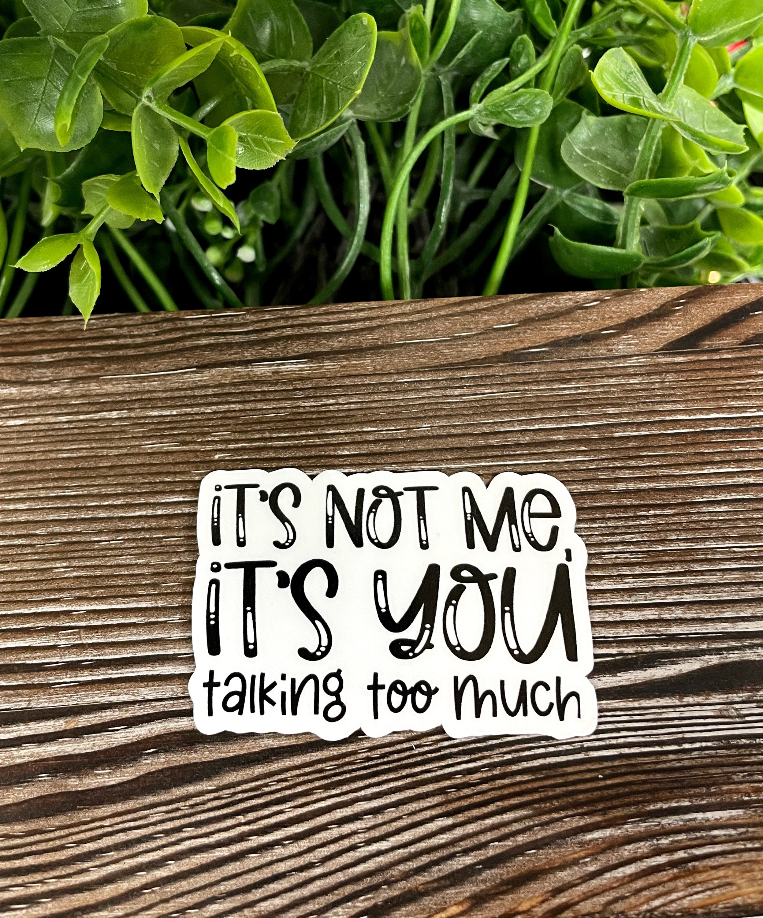 It's Not Me It's You Talking Too Much die cut vinyl sticker on a smooth surface, showcasing its vibrant colors and unique design.