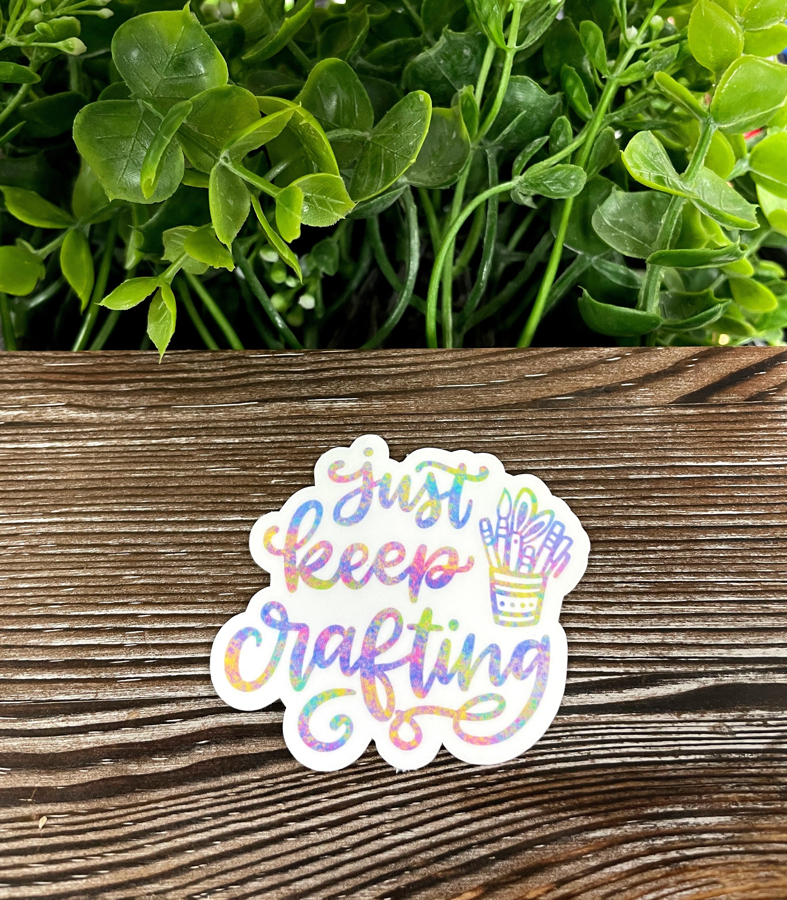 Just Keep Crafting die cut vinyl sticker featuring a boho design, water resistant and perfect for personalizing various smooth surfaces.