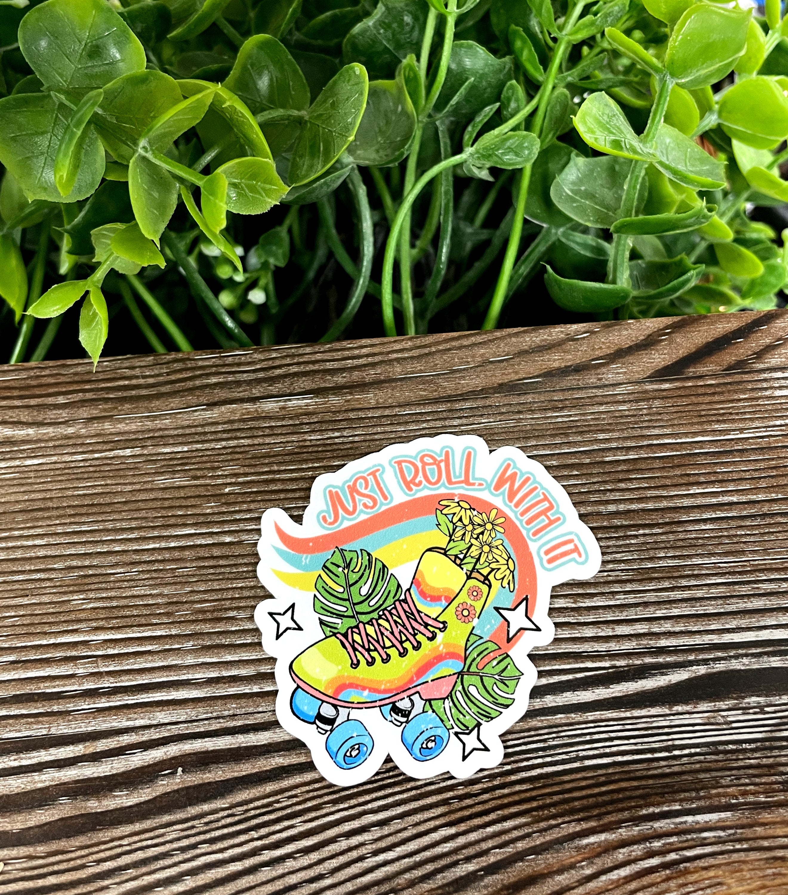 Just Roll With It die cut vinyl sticker featuring a boho design, water resistant, ideal for personalizing various smooth surfaces.