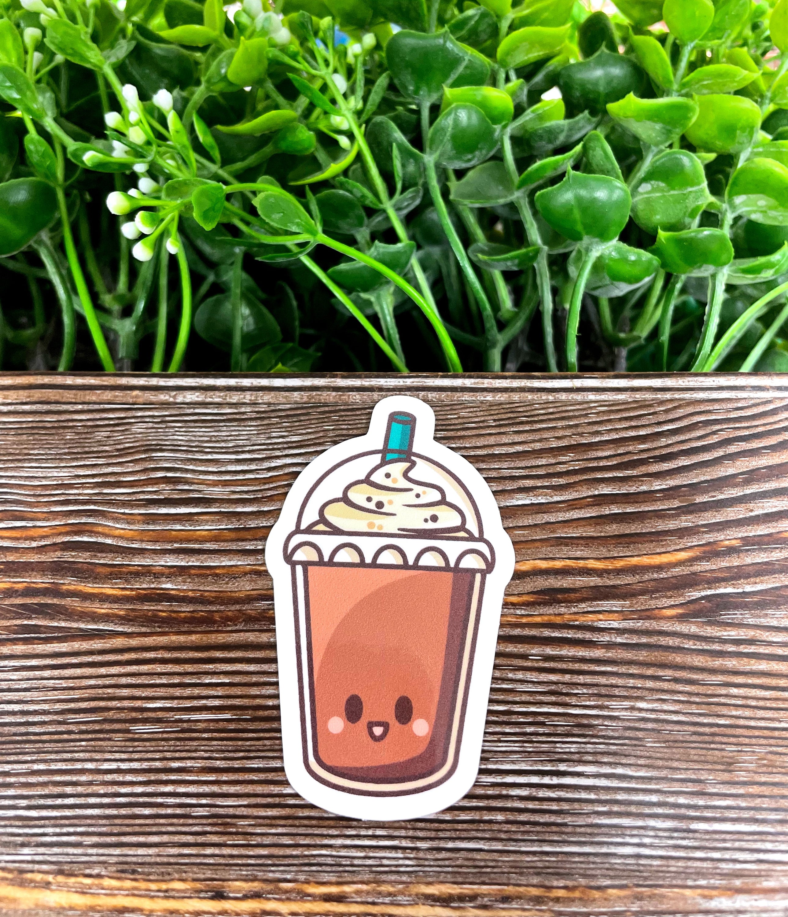 Kawaii Frozen Coffee Sticker featuring a cute design, perfect for personalizing notebooks, phones, and water bottles.