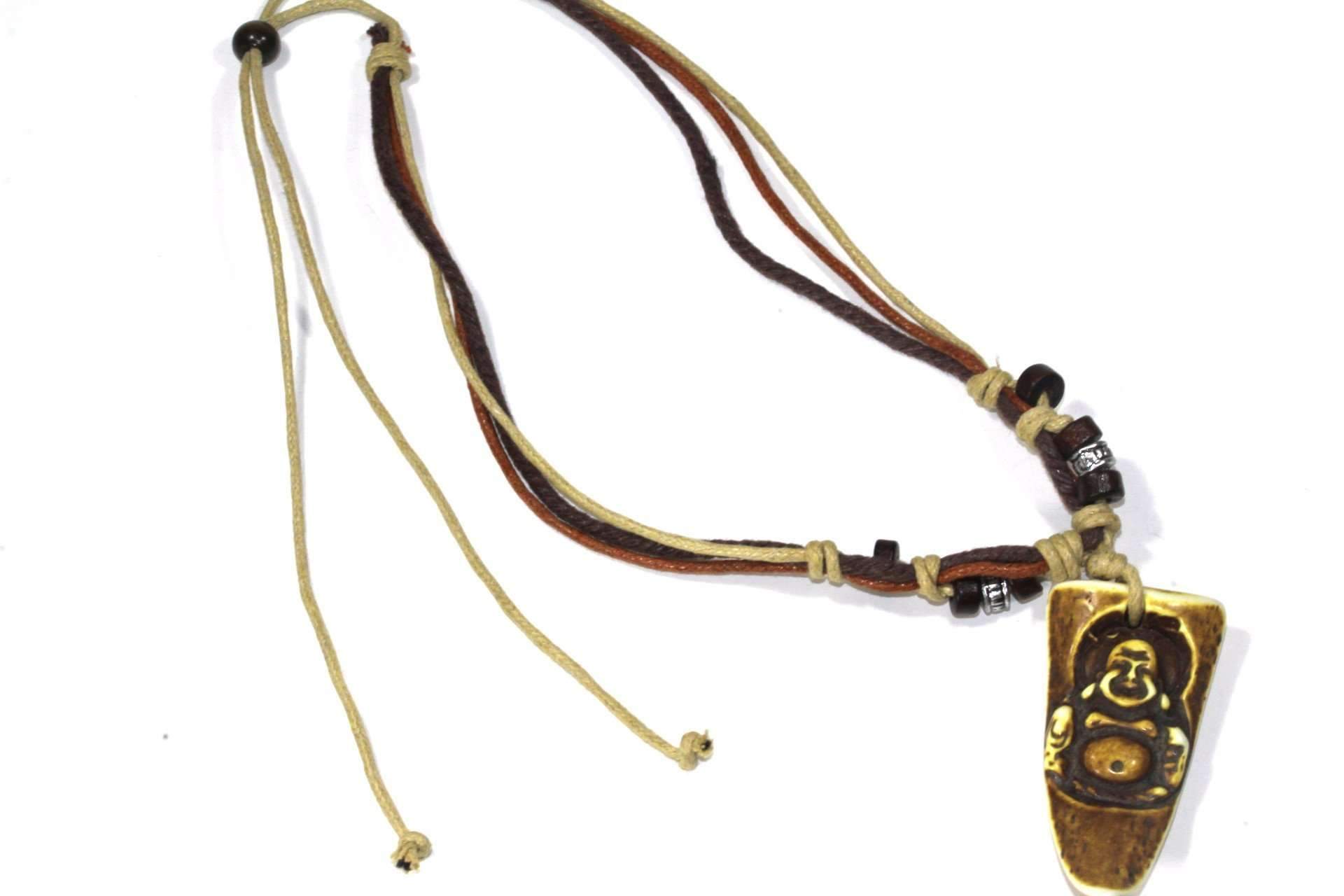 A handmade Laughing Buddha Boho Style Necklace featuring a tri-color cord, wooden beads, silver-tone charms, and a carved Laughing Buddha pendant.