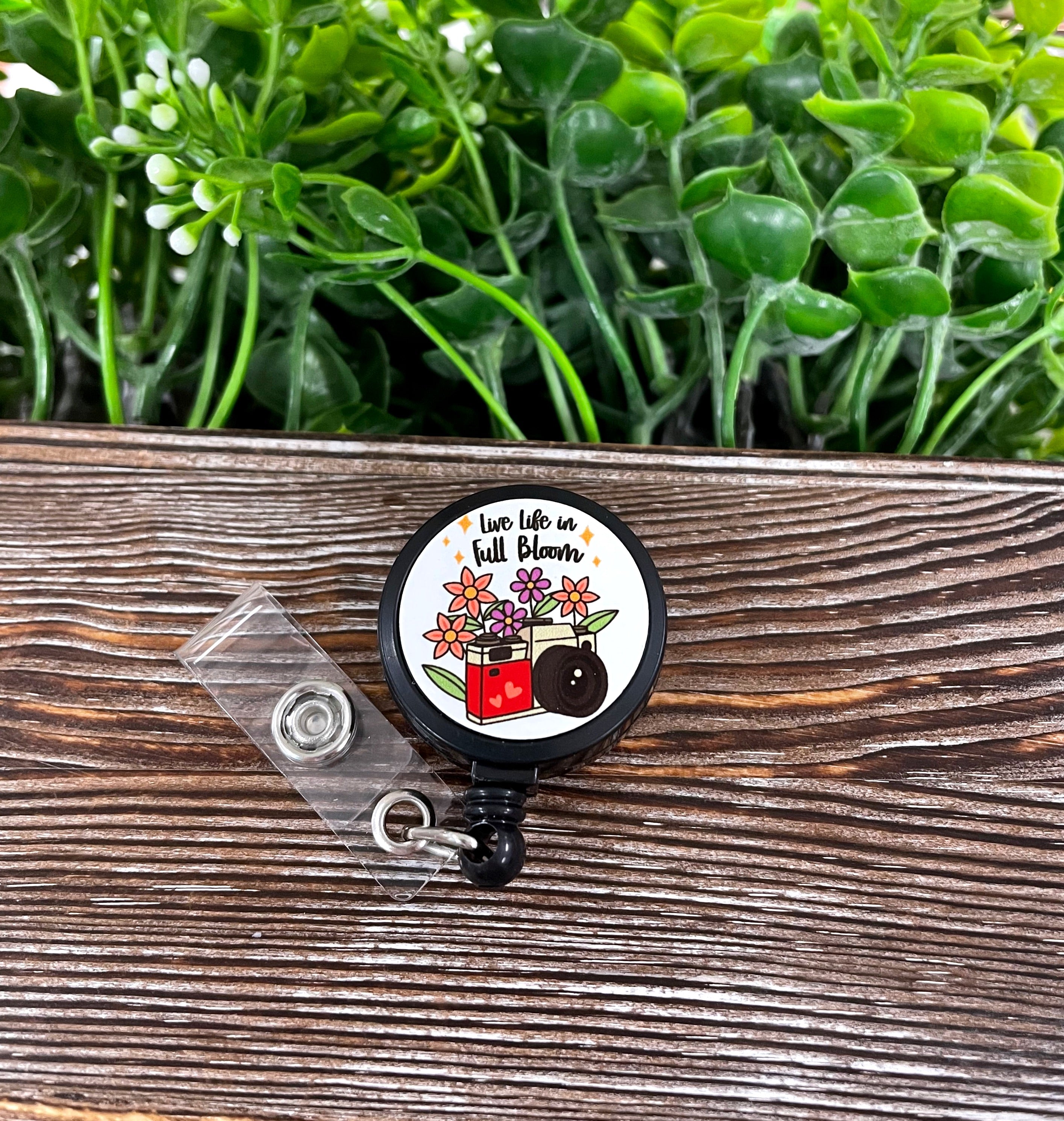 Live Life in Full Bloom retractable badge reel featuring a vibrant boho design on a quality metal blank with a 24-inch extension cord.