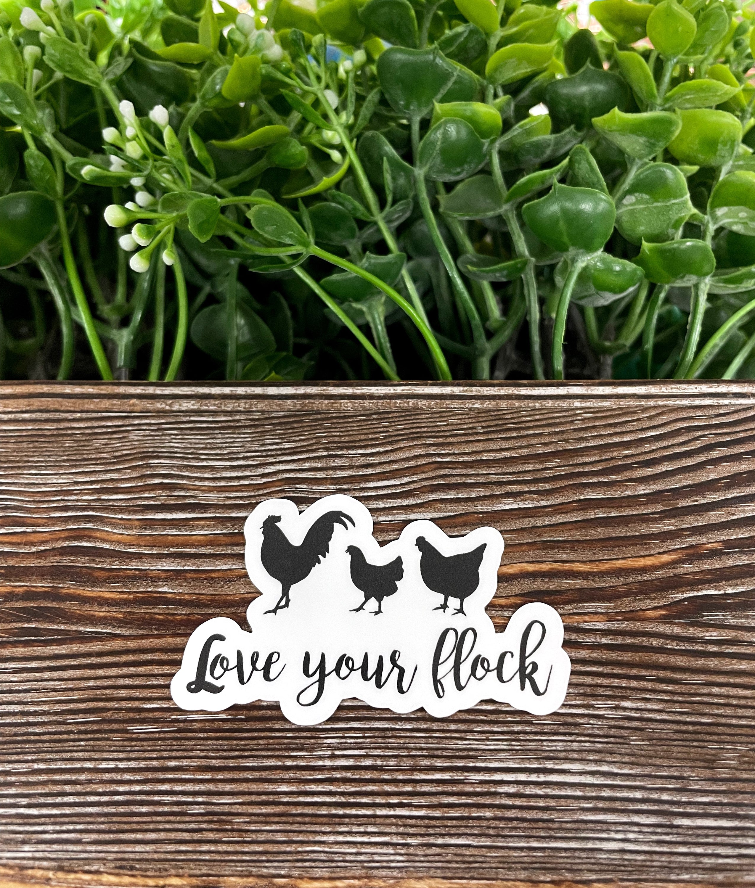 Love Your Flock die cut vinyl sticker featuring a boho design, water resistant, ideal for smooth surfaces.