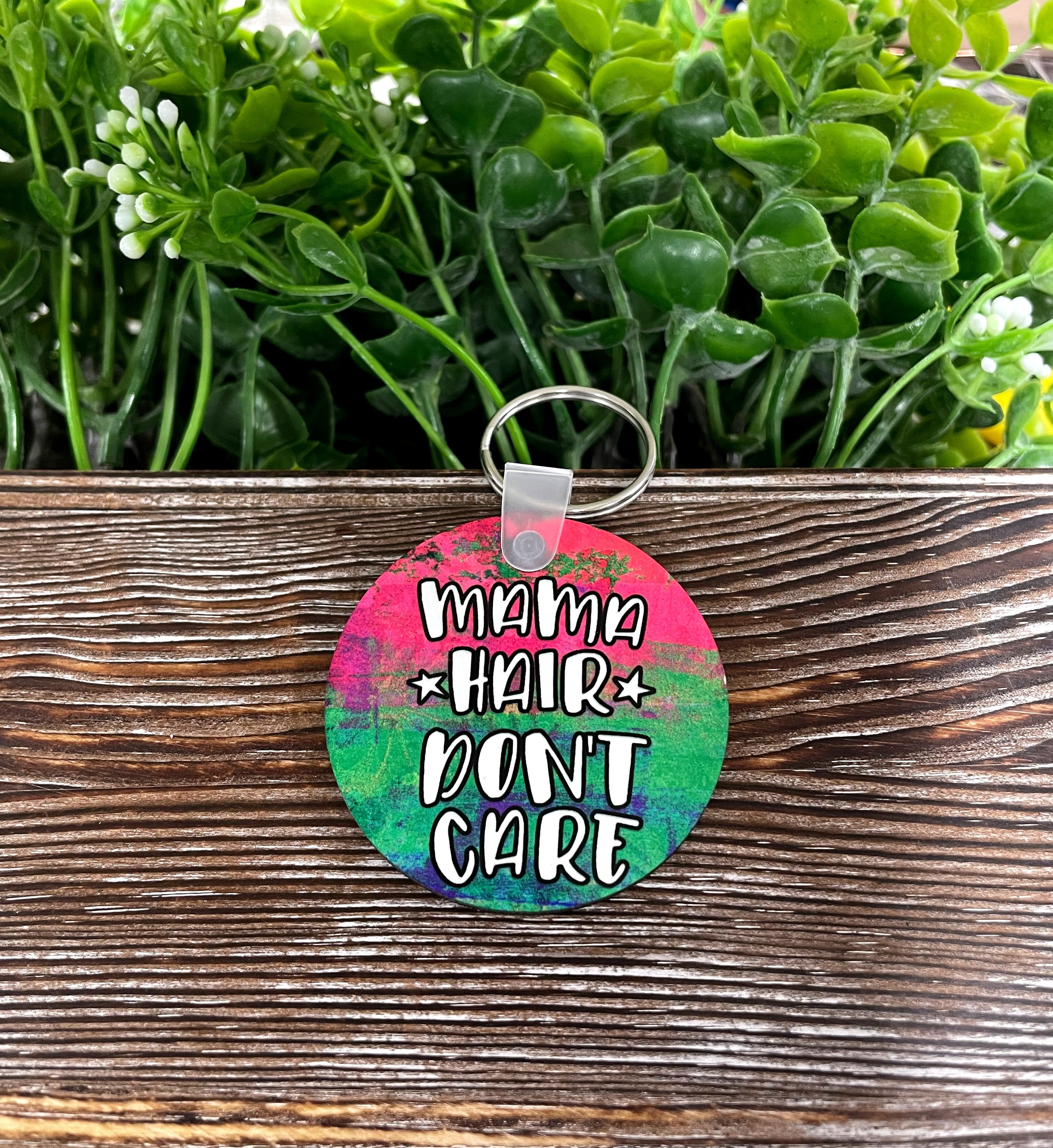 Mama Hair Don't Care MDF Round Keychain featuring a vibrant boho design, lightweight and perfect for personalizing your keys.