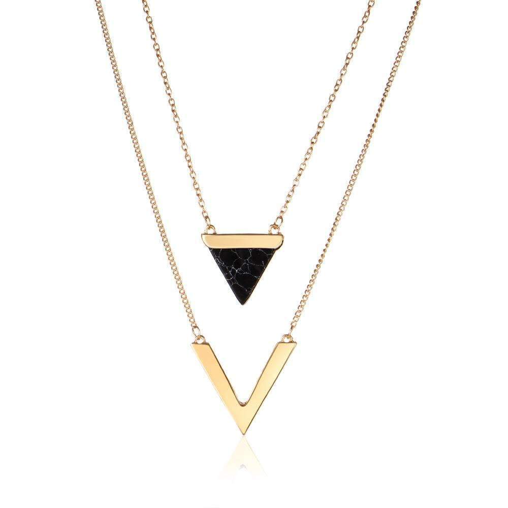Elegant Marble Chevron Double Layer Necklace featuring a black or white marble triangle and a golden chevron accent.