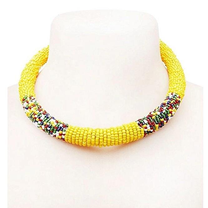 Maasai Yellow Choker Necklace featuring vibrant yellow and black beads, showcasing intricate beadwork and a secure clasp closure.