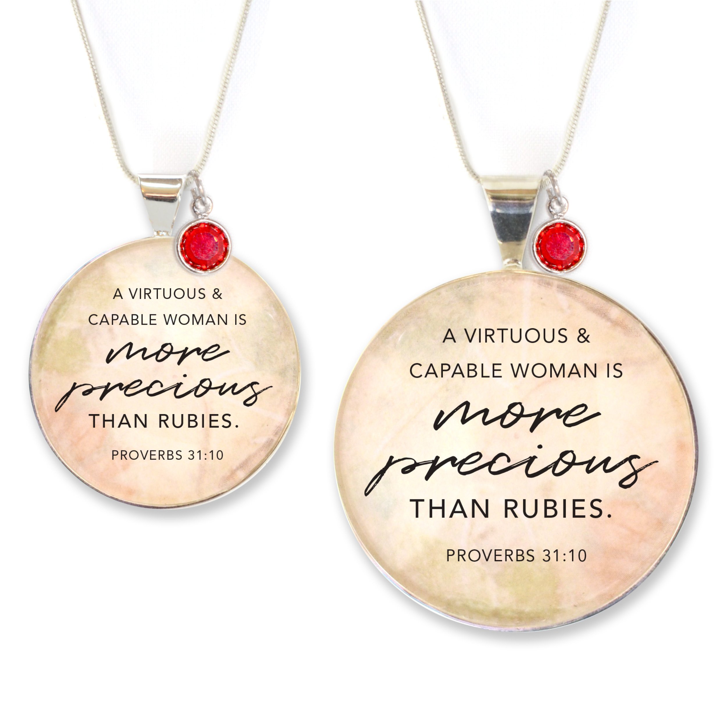 Proverbs 31 Silver Pendant Necklace featuring a glass charm with Bible verse and ruby-red Swarovski crystal on a silver-plated chain.