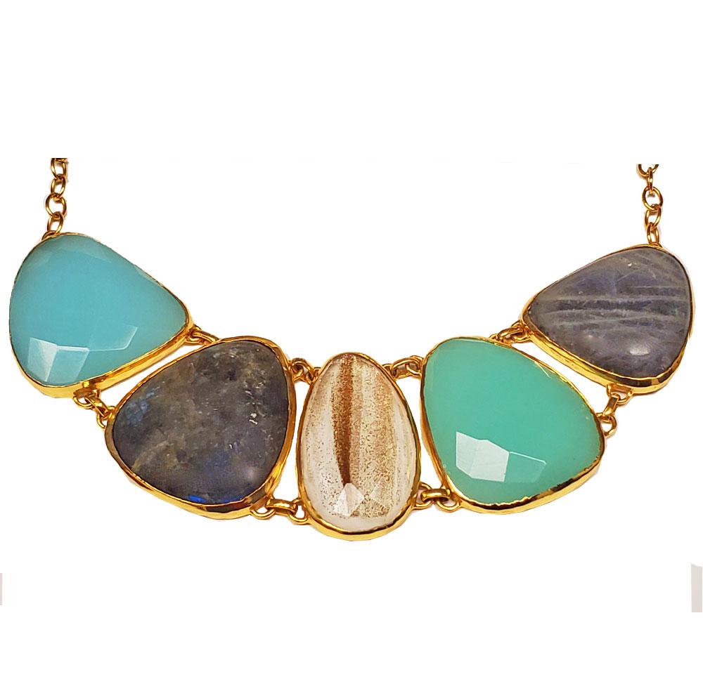 A beautiful Multi Gemstone Statement Necklace featuring Chalcedony, Labradorite, and Rutile Quartz on a gold-plated brass chain.