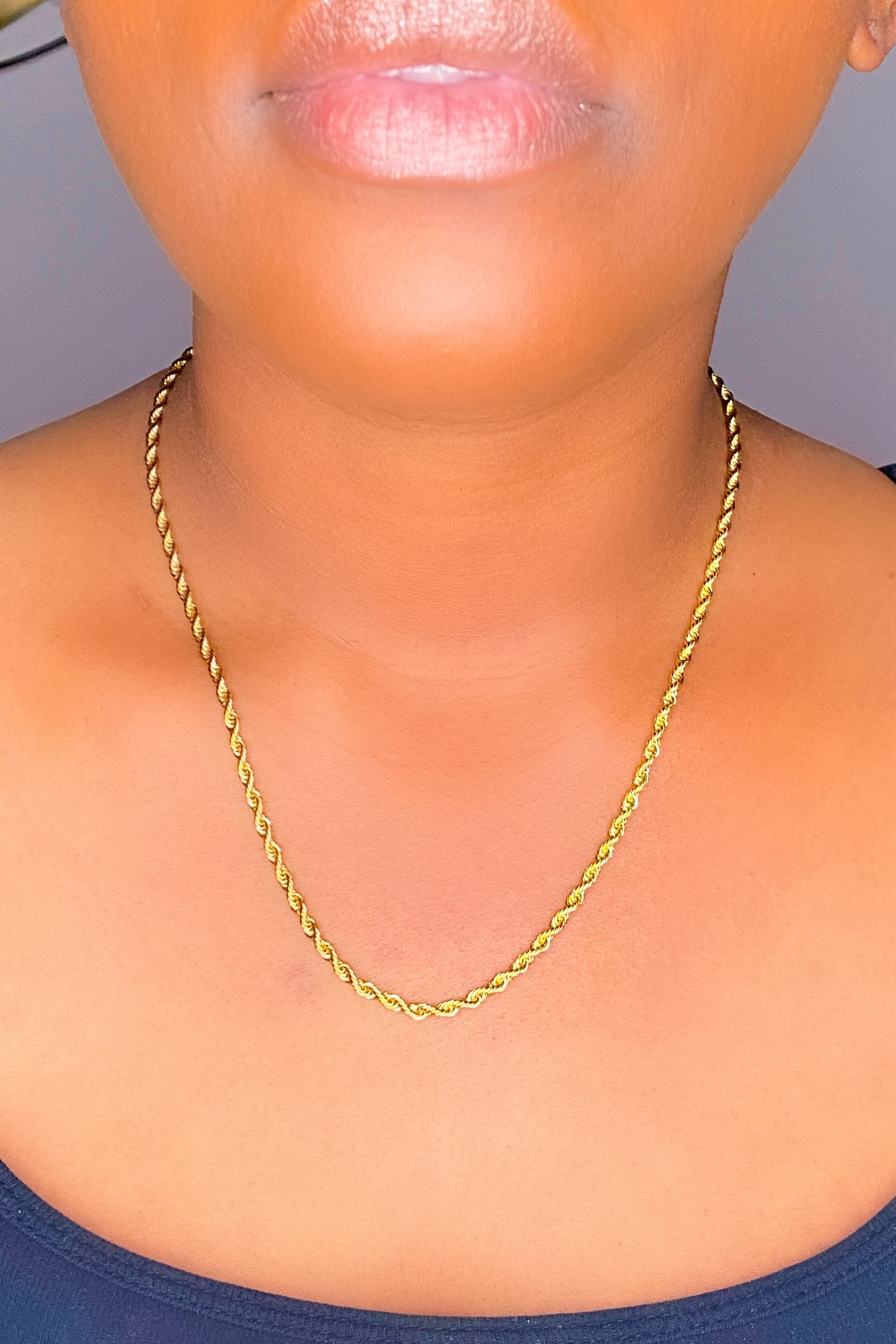 Unisex gold rope chain necklace, 24 inches long, crafted from high polished brass, suitable for casual and formal wear.