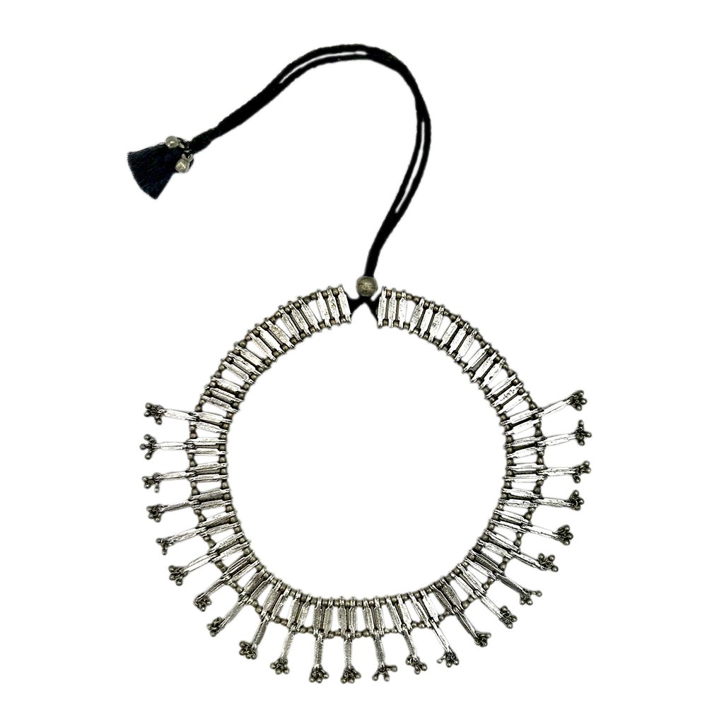 Nisha Collar Necklace featuring cotton tassels and flexible chain, showcasing a blend of traditional Indian and modern bohemian design.