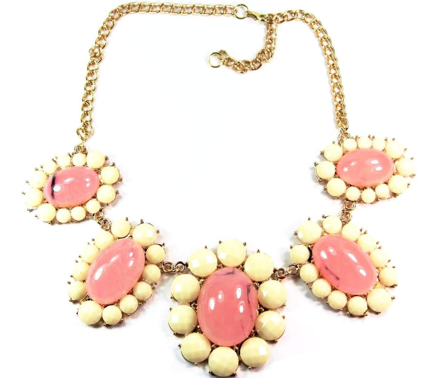 A beautiful Pink Pastel Spring Flower Necklace featuring faux stone pink flowers and sparkling light yellow beads in a gold tone finish.