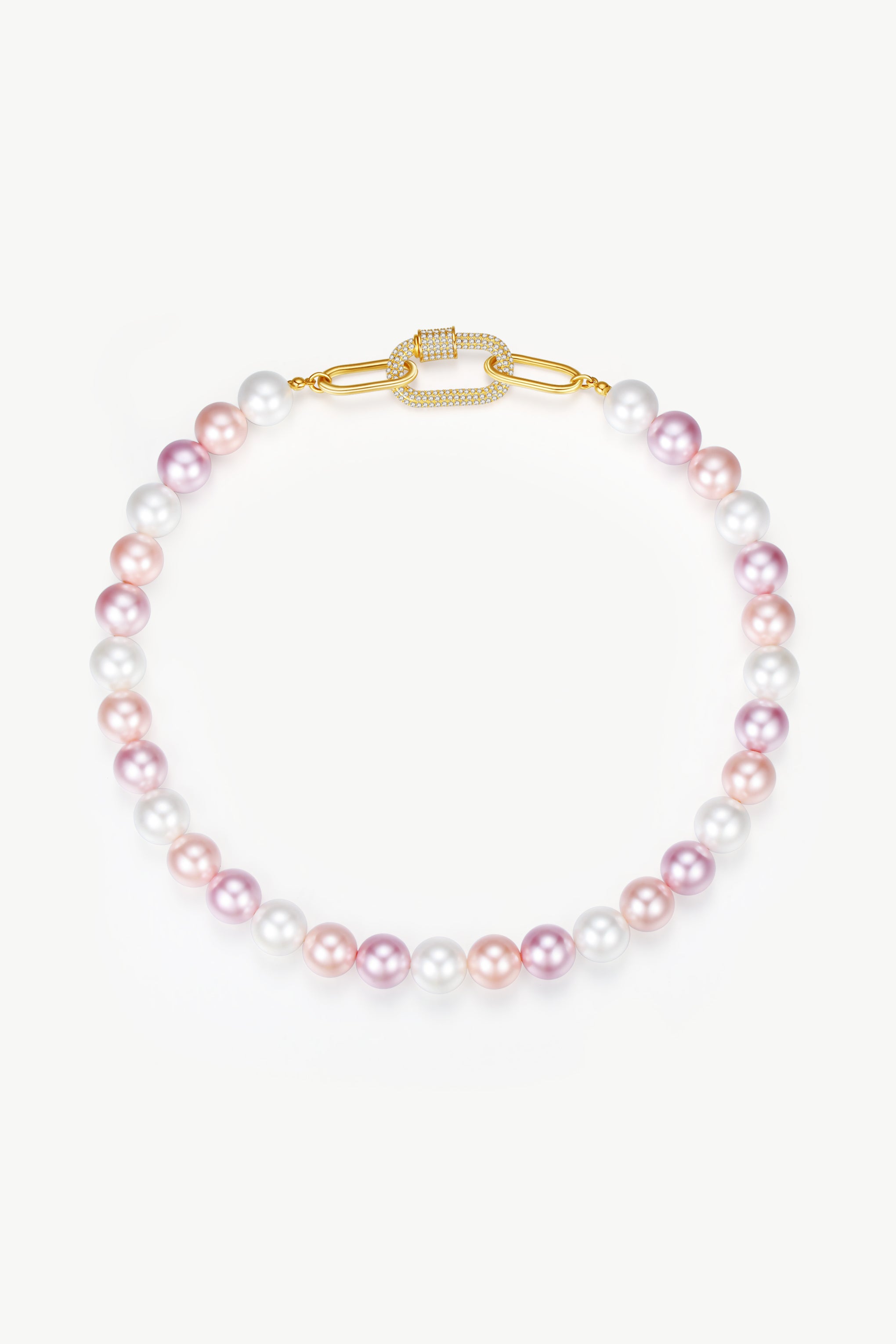A stylish Pink Shell Pearl Necklace featuring colorful shell pearls and a rhinestone-encrusted carabiner lock, elegantly displayed.
