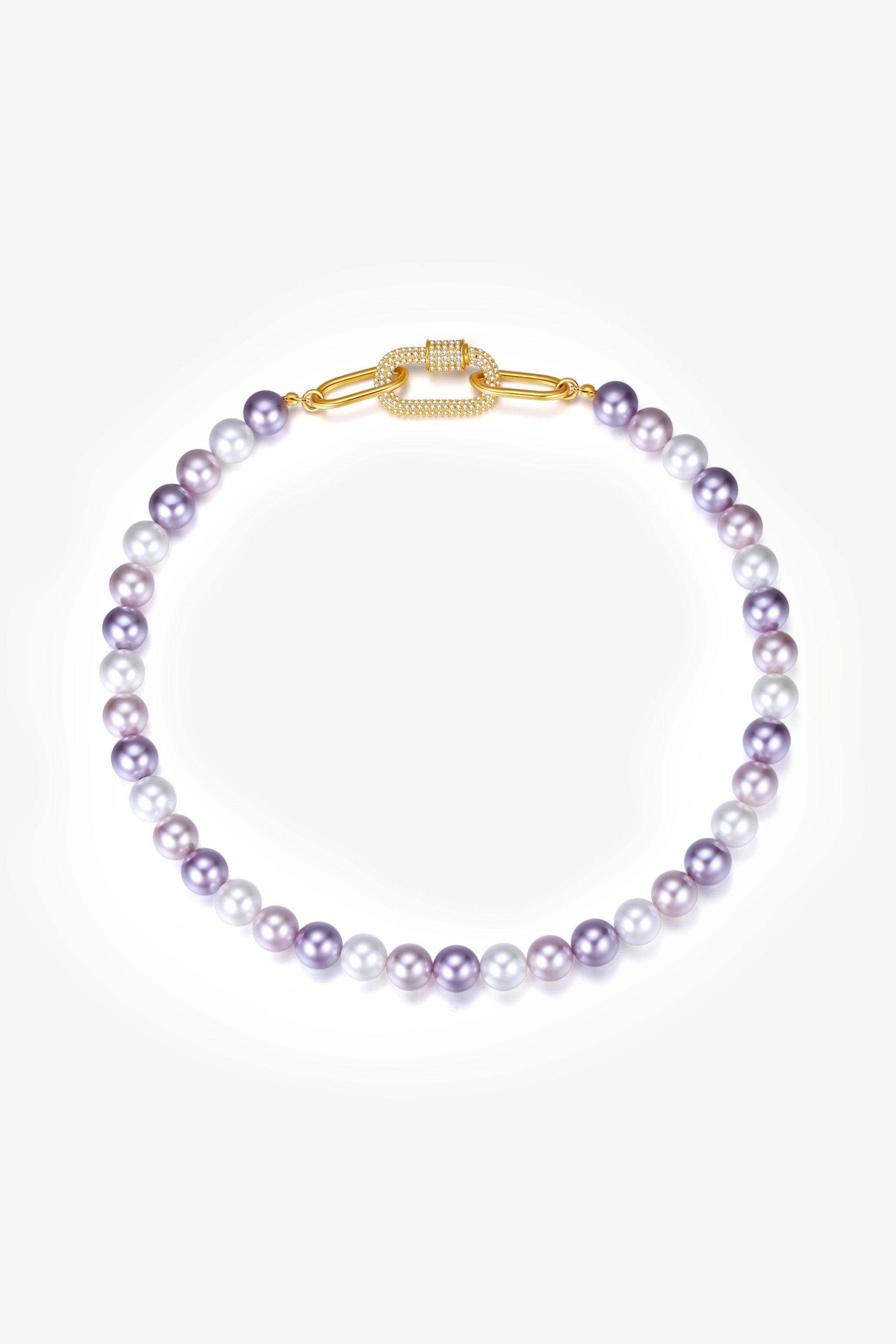 Purple shell pearl necklace featuring a gem-encrusted carabiner lock, showcasing vibrant colors and elegant design.