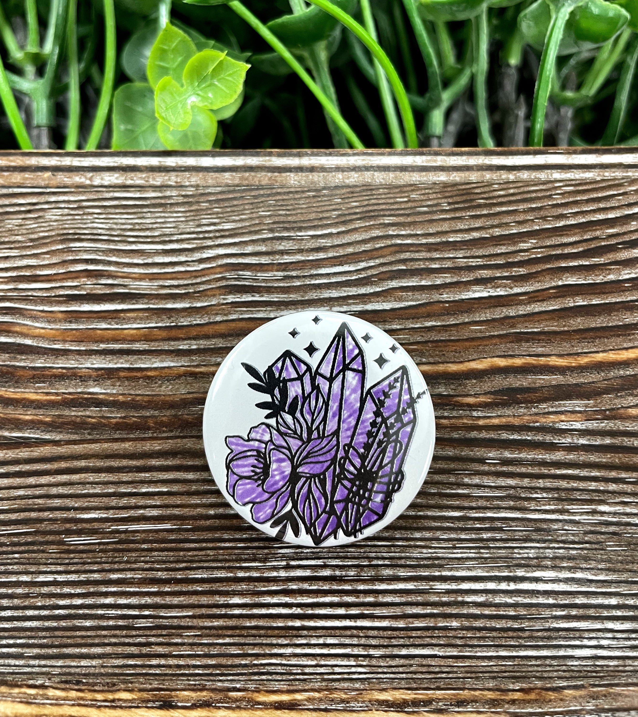 Purple tie dye graphic art button, 1.25 inches, featuring a vibrant design suitable for bags and masks.