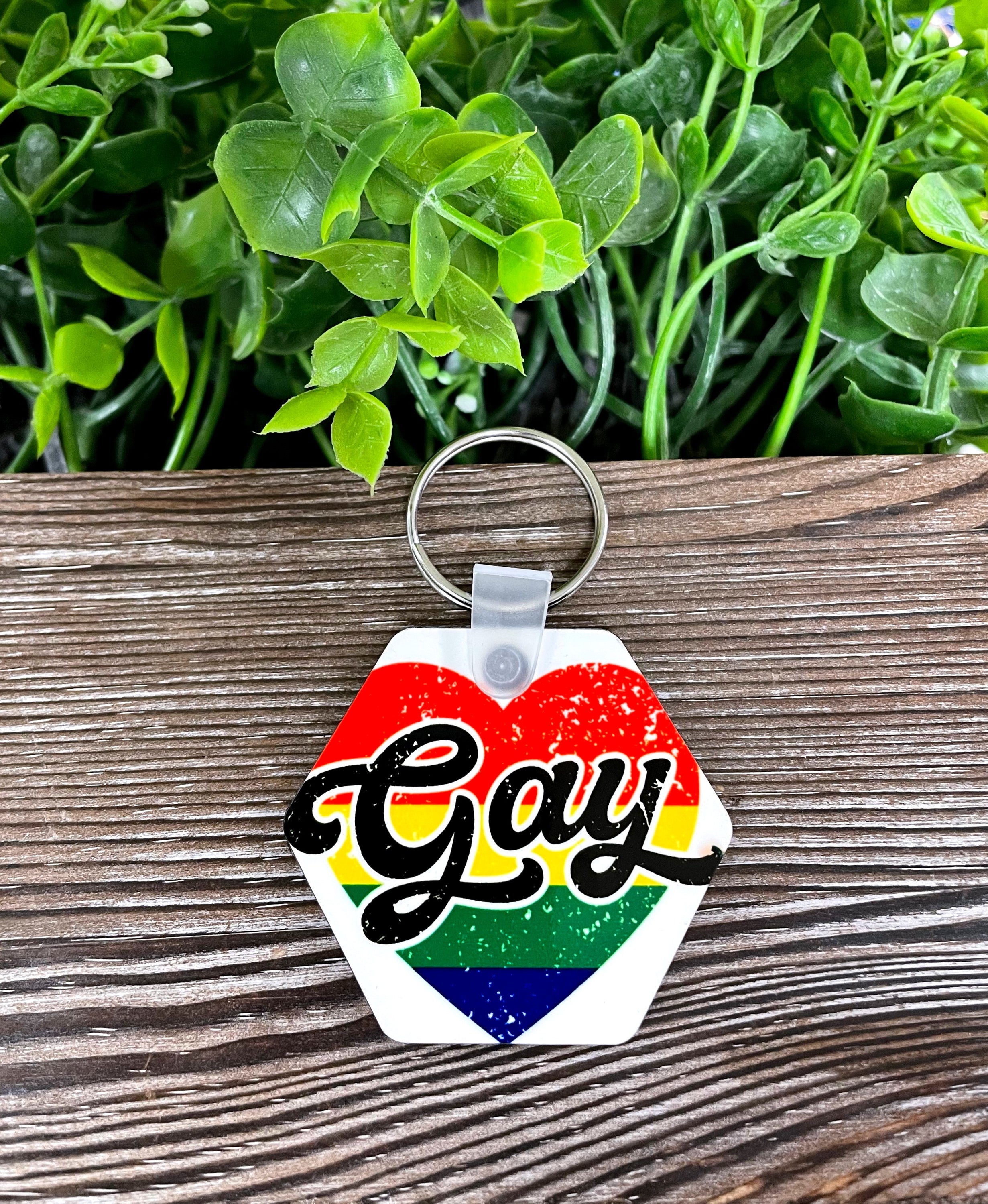 Colorful Rainbow Heart Gay MDF Hexagon Keychain, lightweight and vibrant, showcasing human rights support.