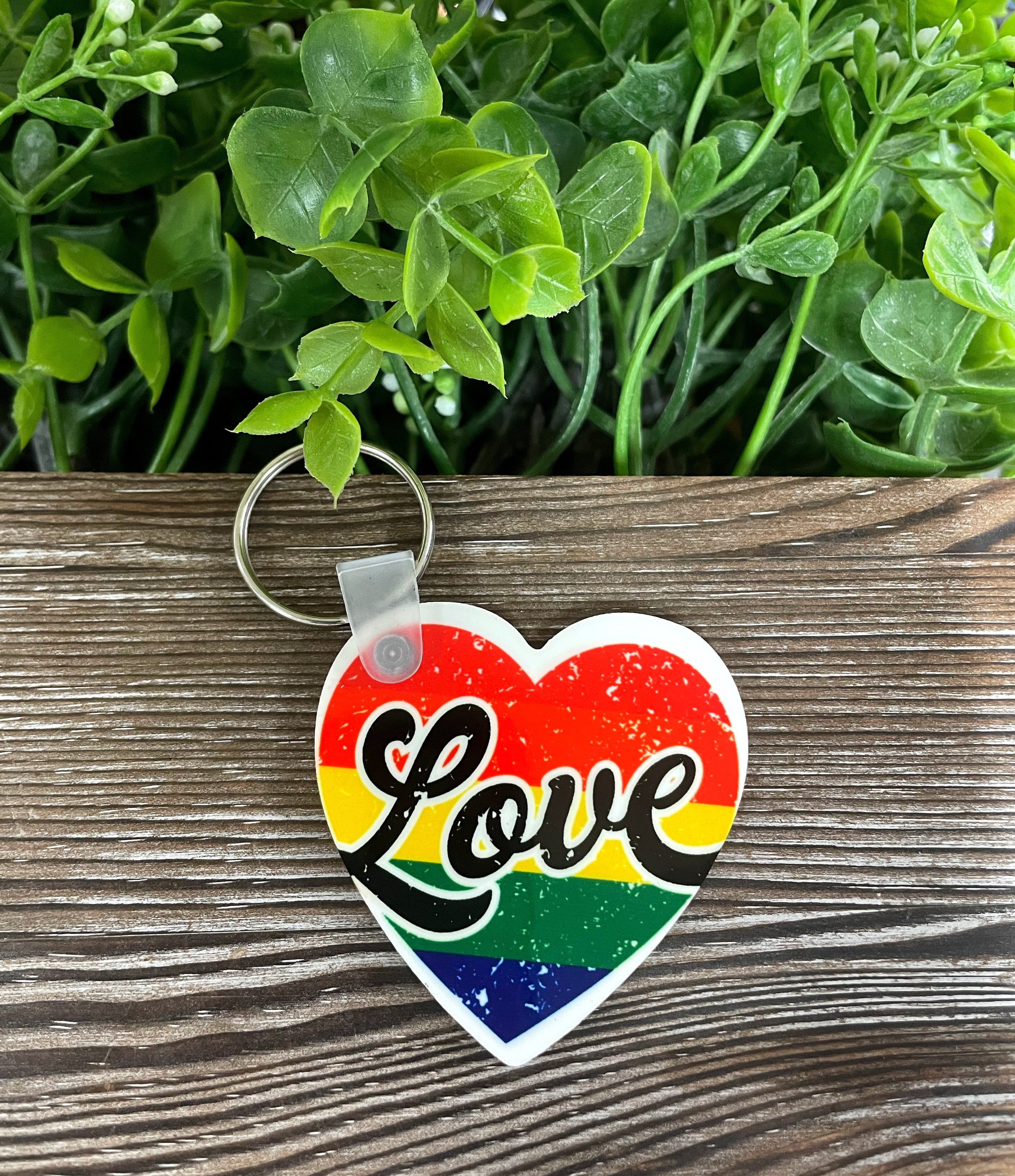 Colorful Rainbow Heart Love MDF Keychain, showcasing vibrant colors and a heart design, perfect for expressing personality and supporting human rights.
