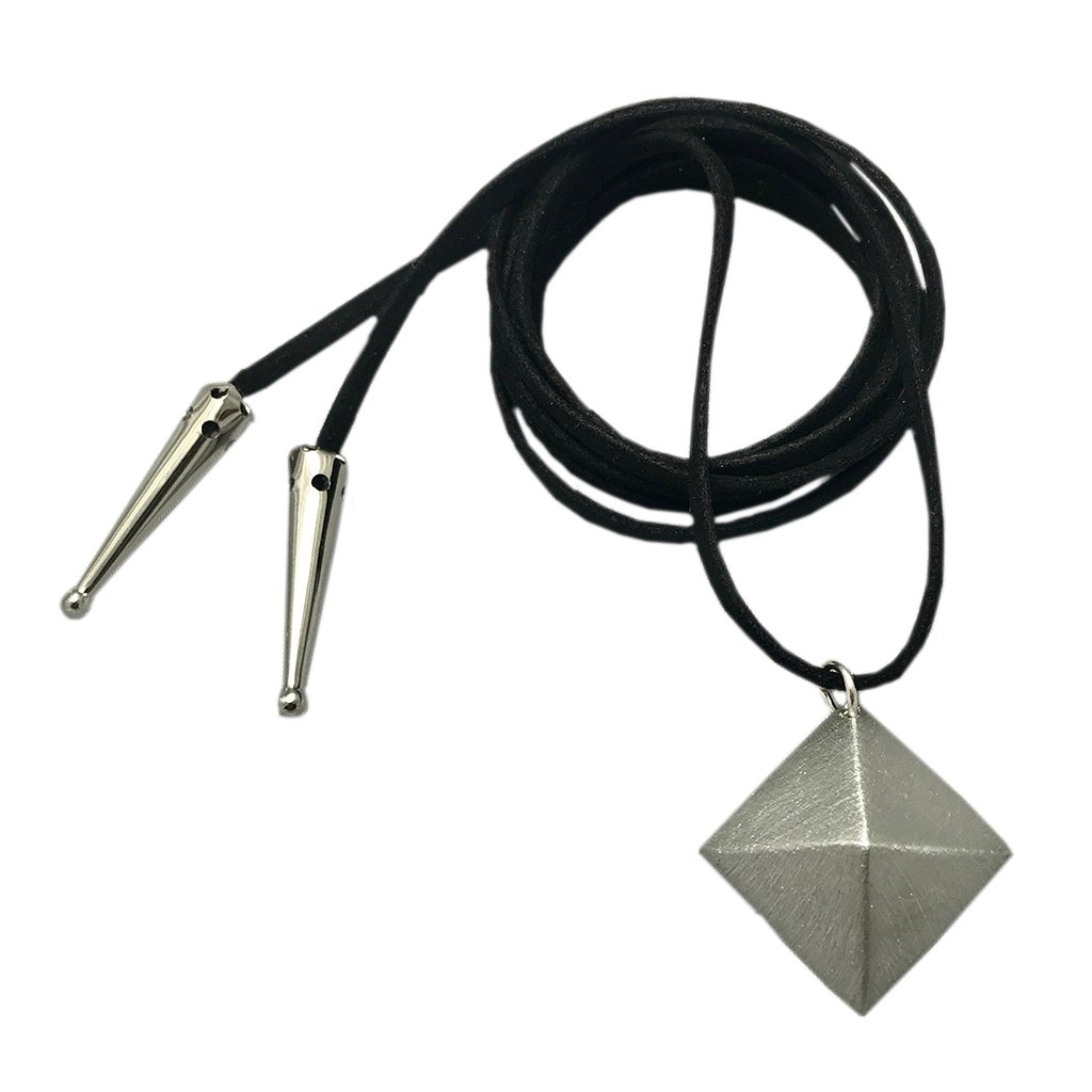 Recycled Bombshell Choker made from aluminum bomb parts with a long suede cord, showcasing its unique pendant and craftsmanship.