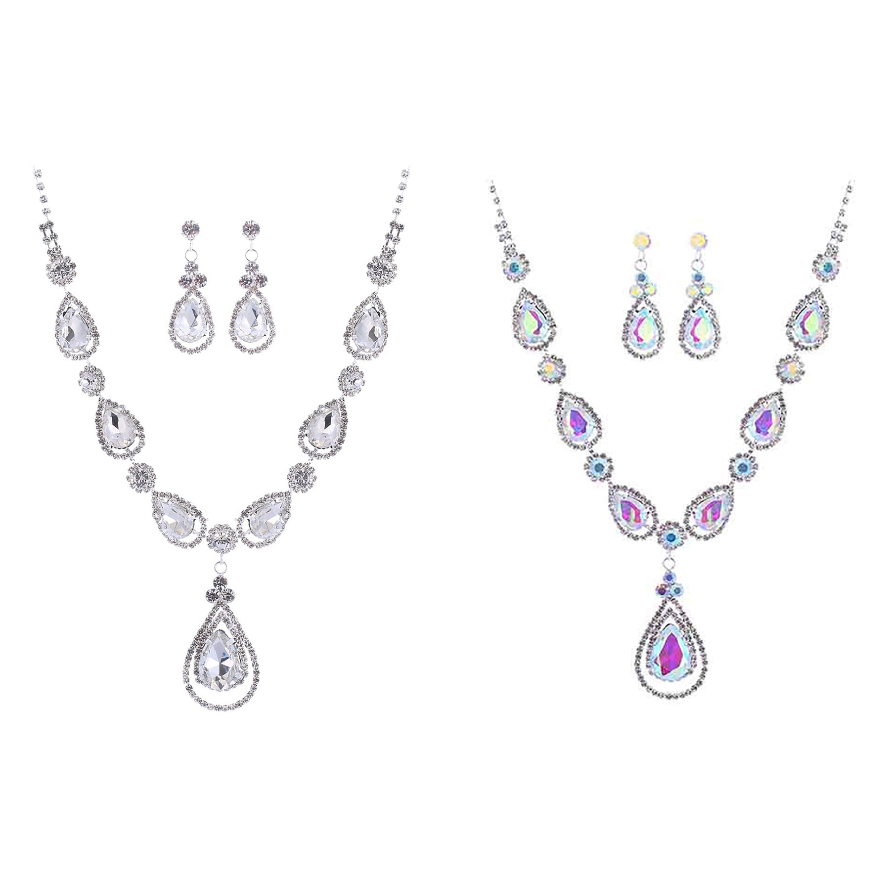 Rhinestone Tear Drop Bridal Necklace Set featuring elegant tear drop design and adjustable length clasp.