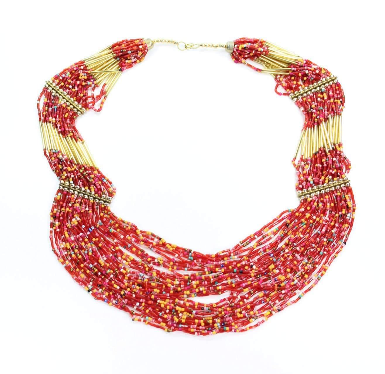 Santa Fe Summer Layer Necklace featuring vibrant pepper red, turquoise, yellow, and brown beads with gold tone tube accents.