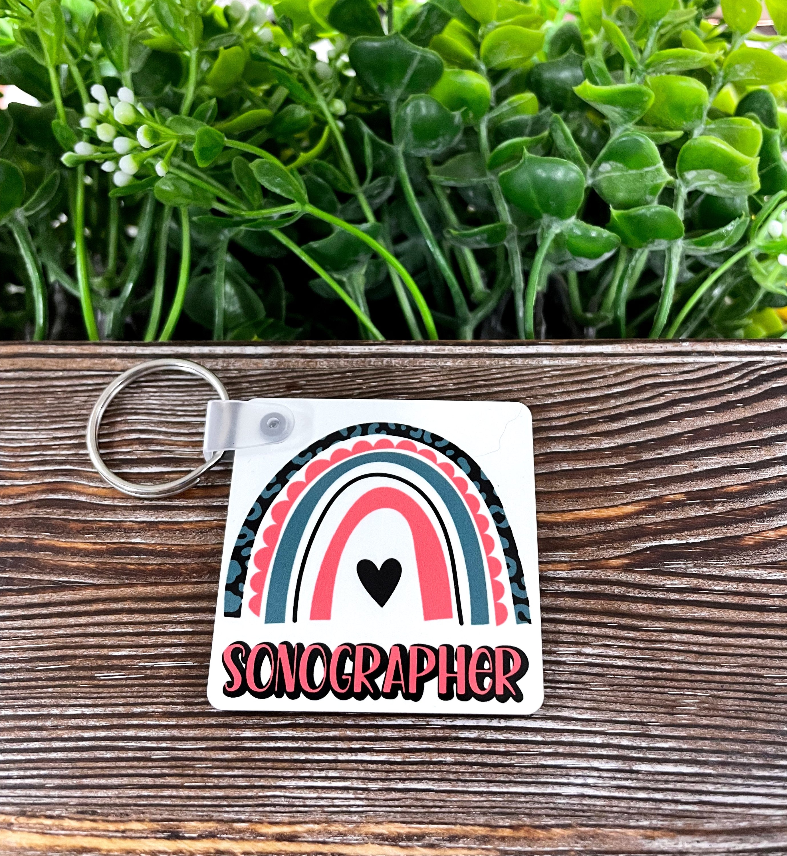 Colorful Sonographer Rainbow MDF Square Keychain featuring a vibrant rainbow design on lightweight engineered wood.