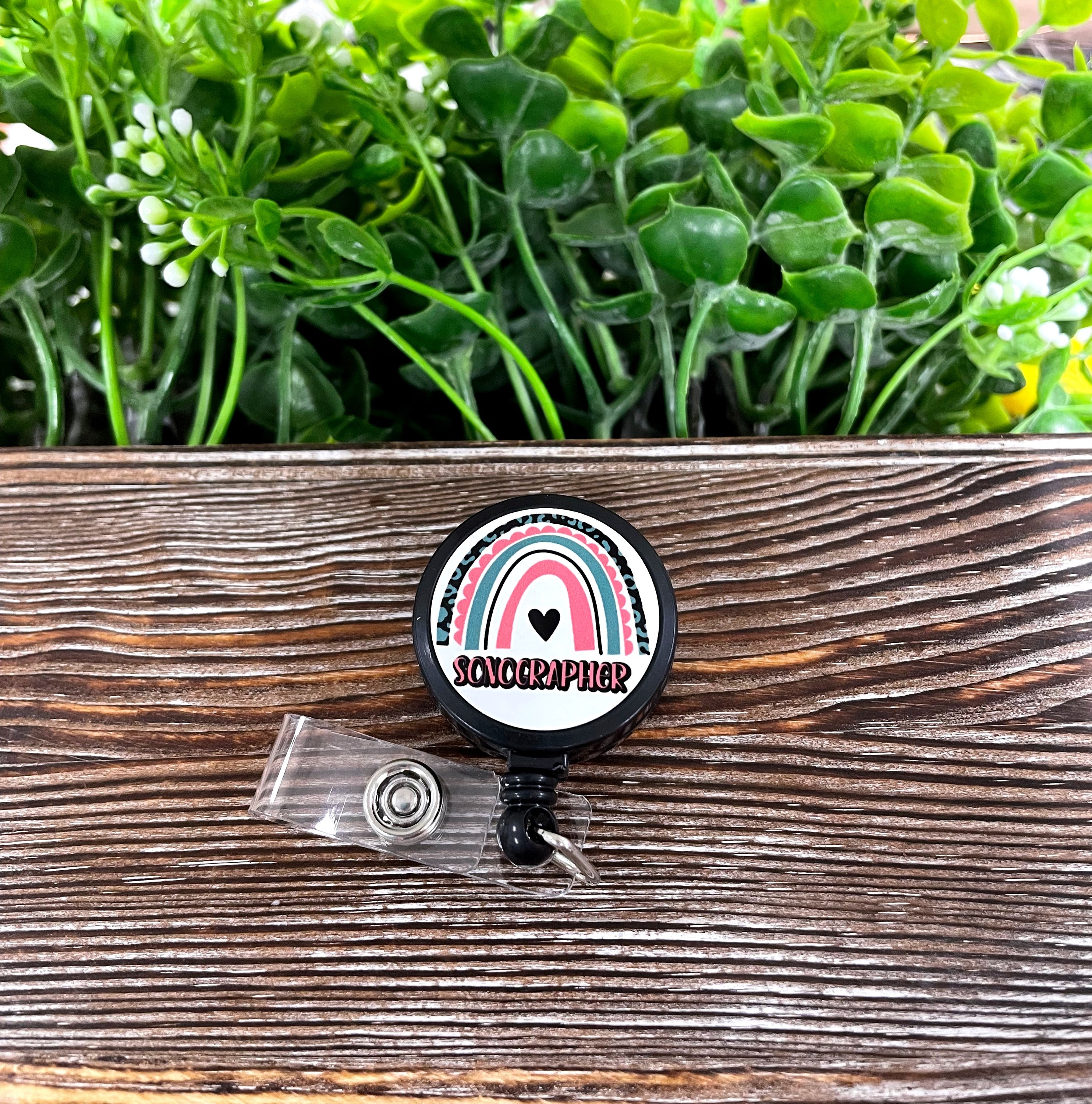 Colorful Sonographer Rainbow Tech retractable badge reel with boho design, featuring a metal blank and plastic reel, measuring 1.2 inches in diameter.