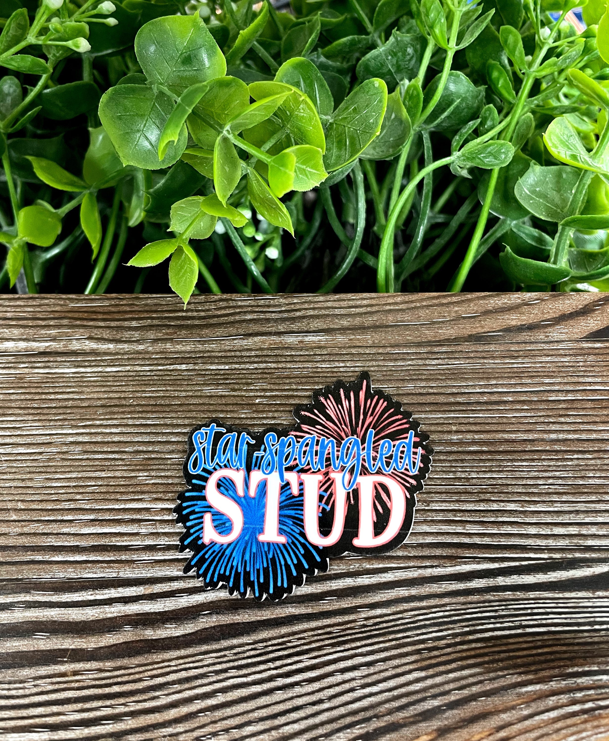Star Spangled Stud die cut vinyl sticker featuring red, white, and blue fireworks design, perfect for personalizing various smooth surfaces.