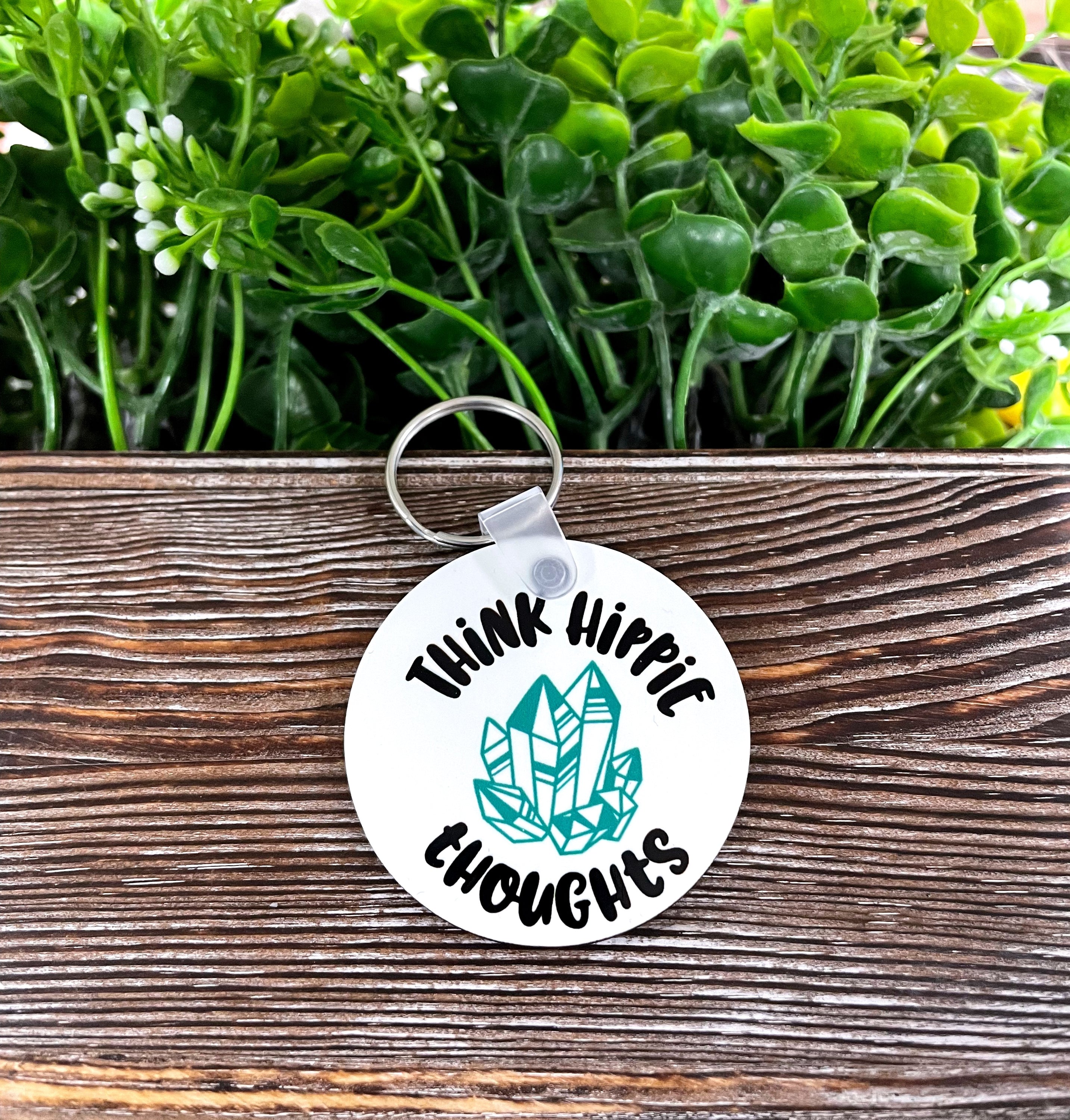 Think Hippie Thoughts MDF Round Keychain featuring vibrant boho design, lightweight and durable, perfect for everyday use.