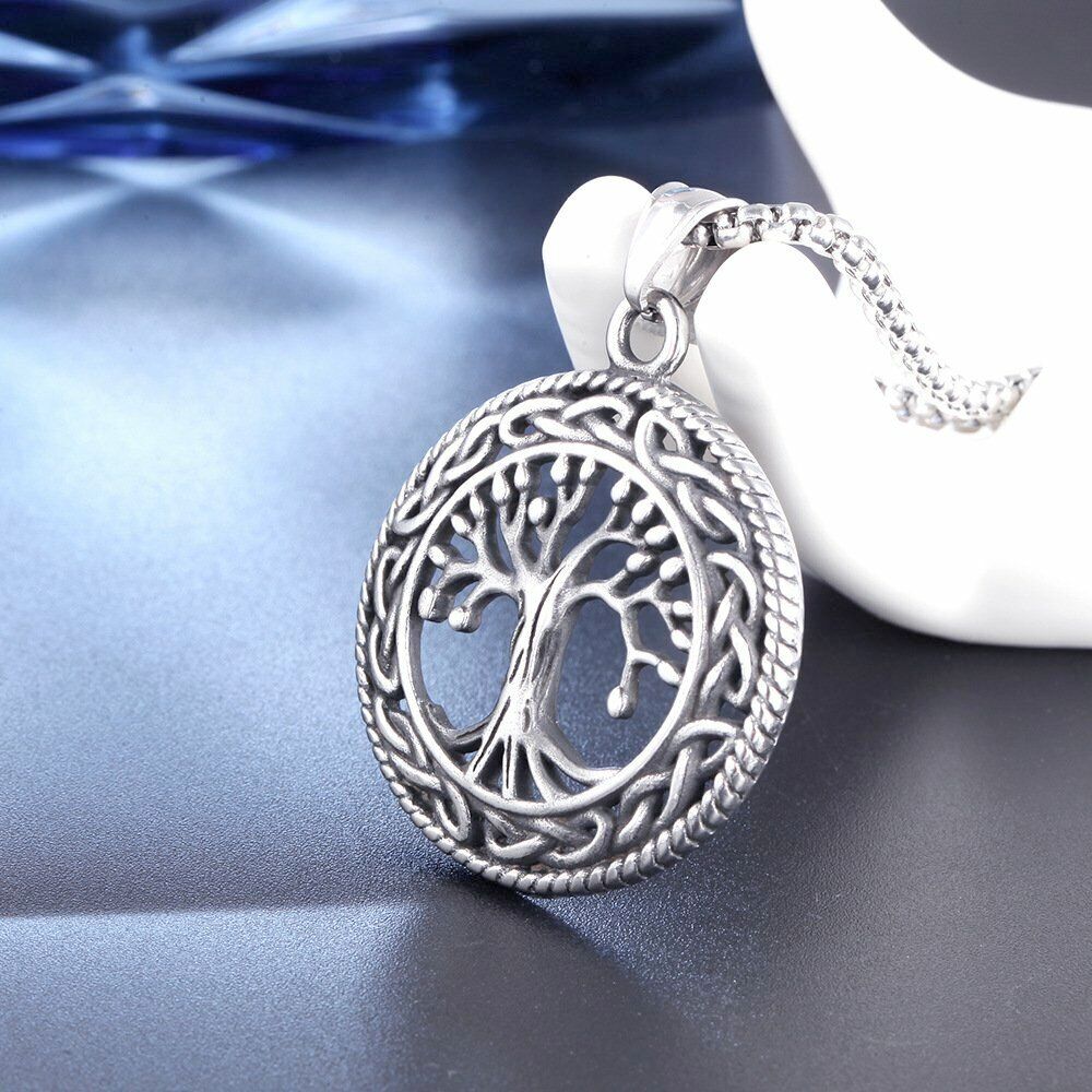 Tree of Life Pendant Necklace made of stainless steel with a rope chain, featuring an intricate tree design.