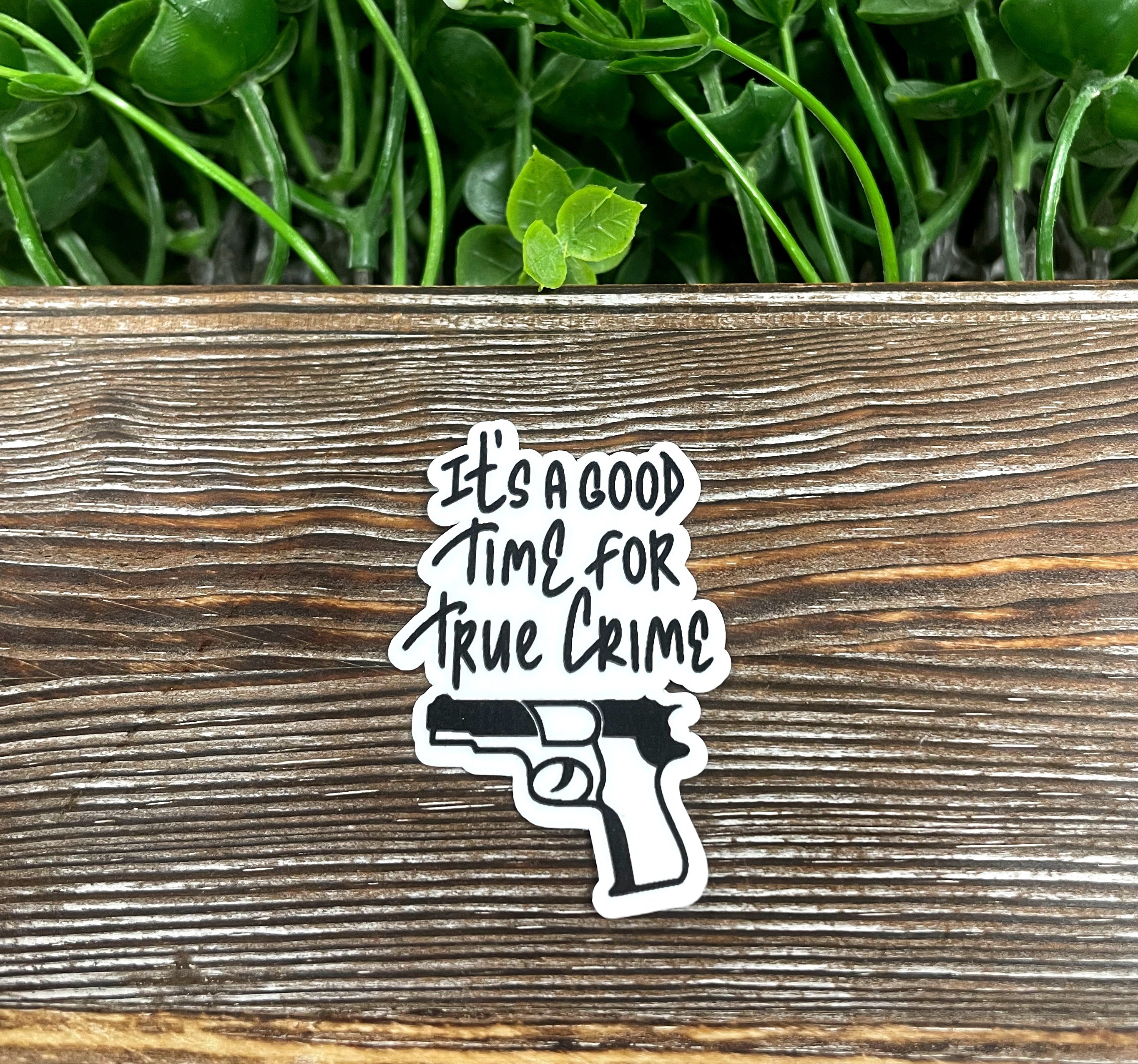 True Crime Podcast Die Cut Sticker featuring graphic art design, perfect for personalizing various surfaces.