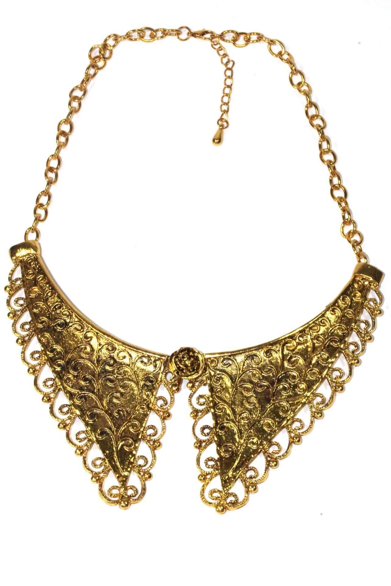 Victorian Style Scroll Work Collar Necklace featuring antique gold tone, intricate scroll work, and a center rose with embossed pendants.