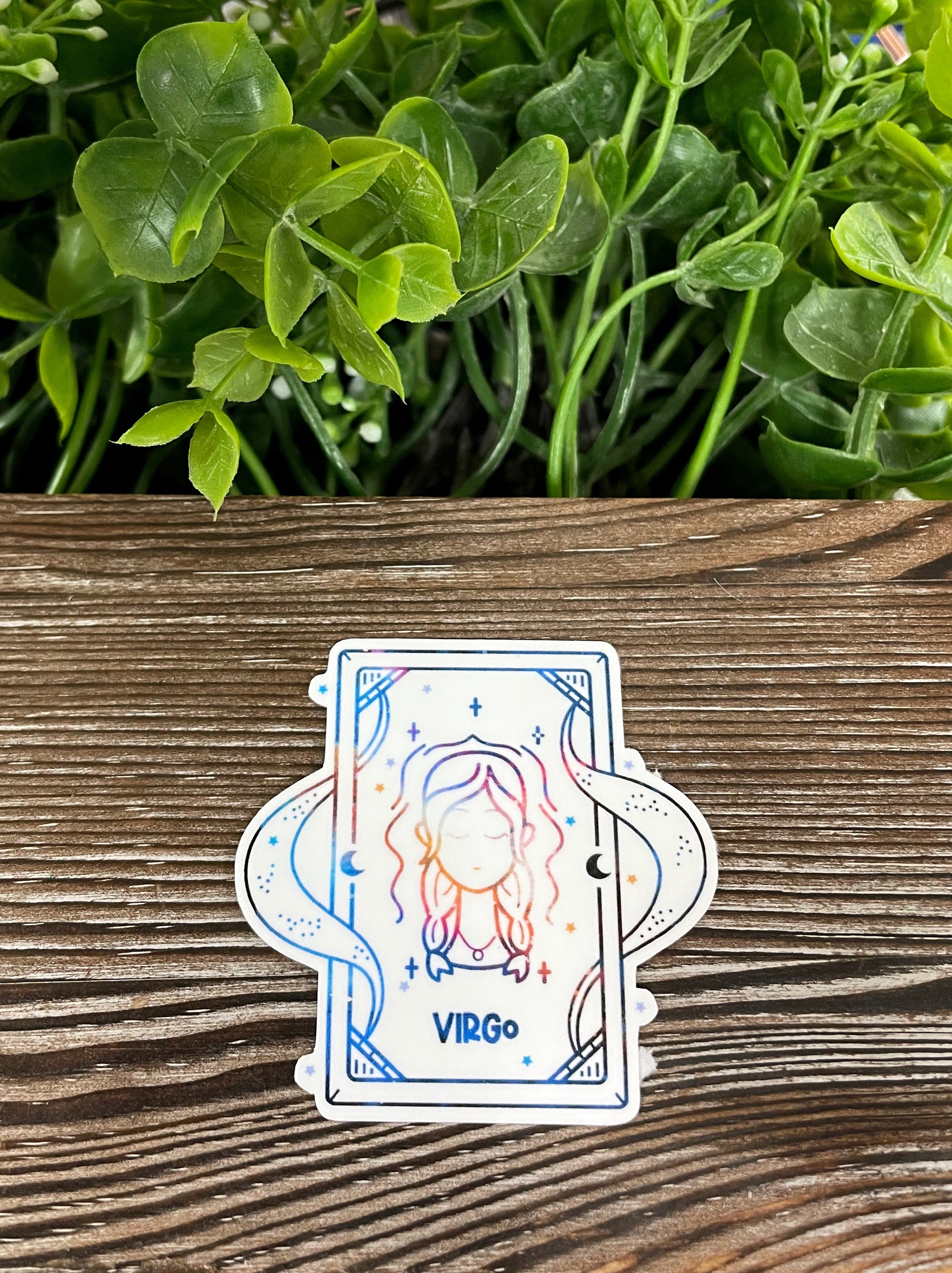 Virgo Astrological Tarot Card die cut vinyl sticker featuring intricate designs and vibrant colors, perfect for personalizing smooth surfaces.