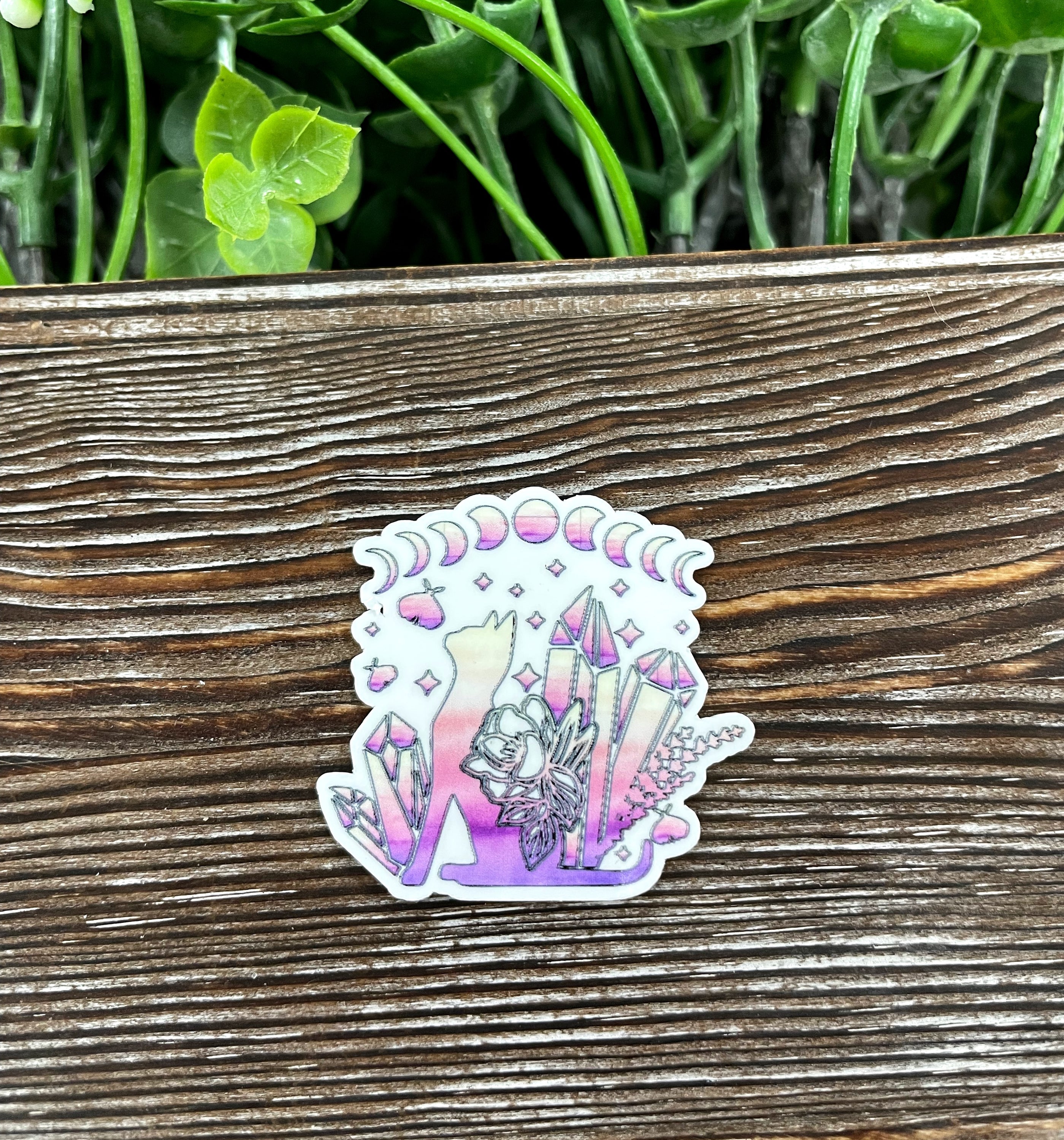 Watercolor Cat Moon Phases Die Cut Sticker featuring a colorful cat design with moon phases, ideal for personalizing items.