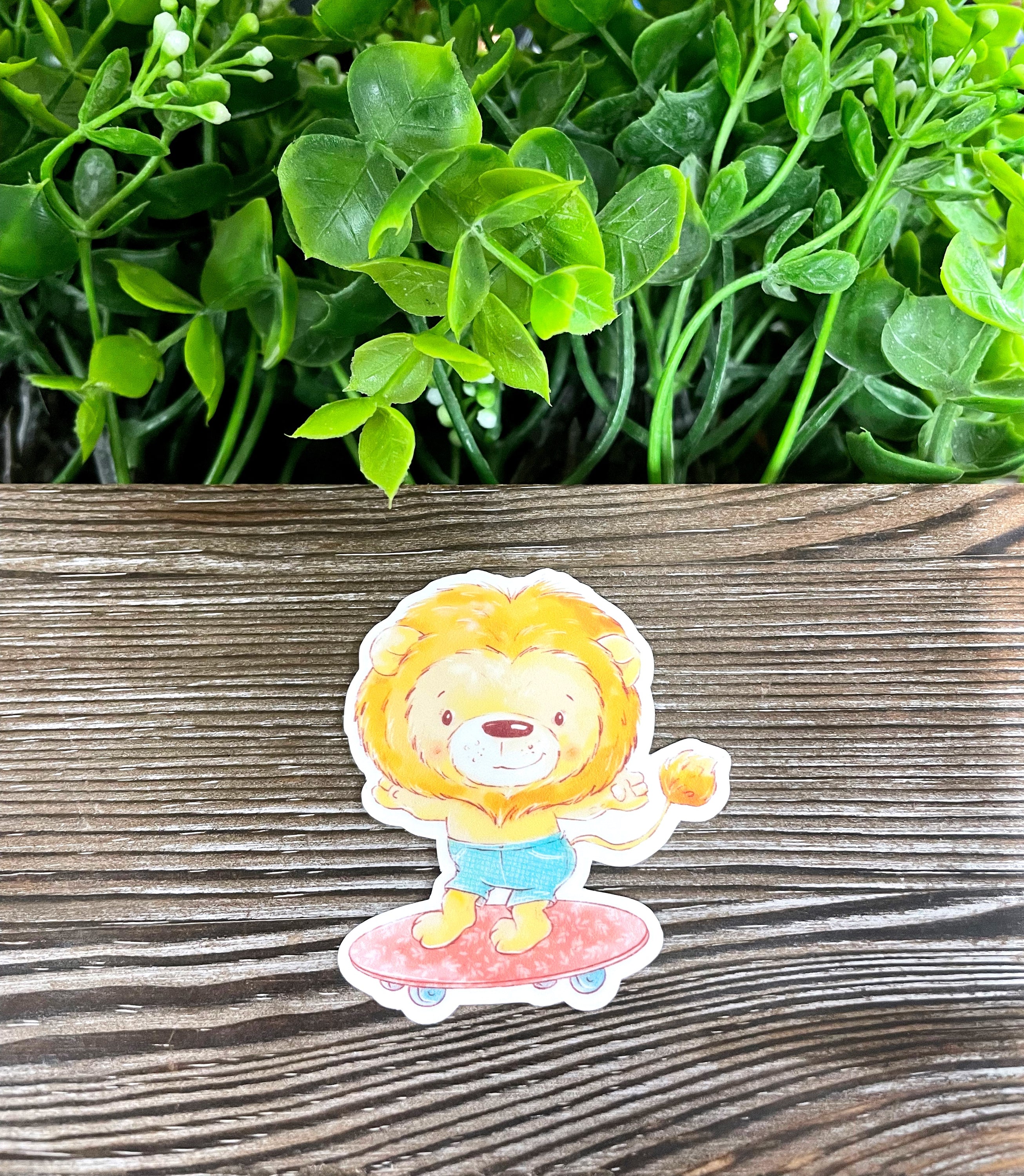 A colorful watercolor lion on a skateboard, designed as a die cut vinyl sticker, showcasing vibrant colors and artistic flair.