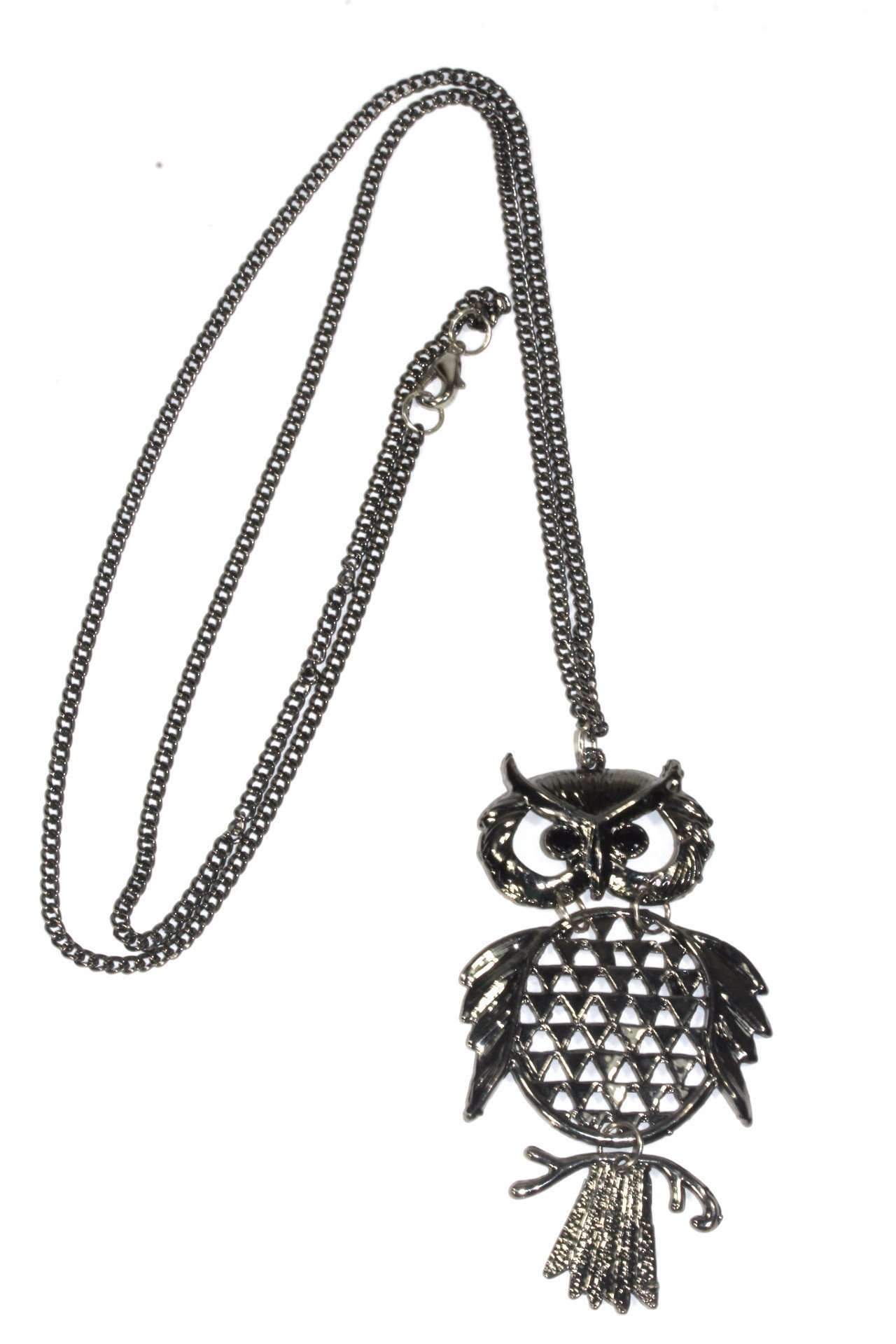 Wide Eyed Owl Necklace featuring a cute owl perched on a branch with an open work belly design, available in antique gold and hematite tones.