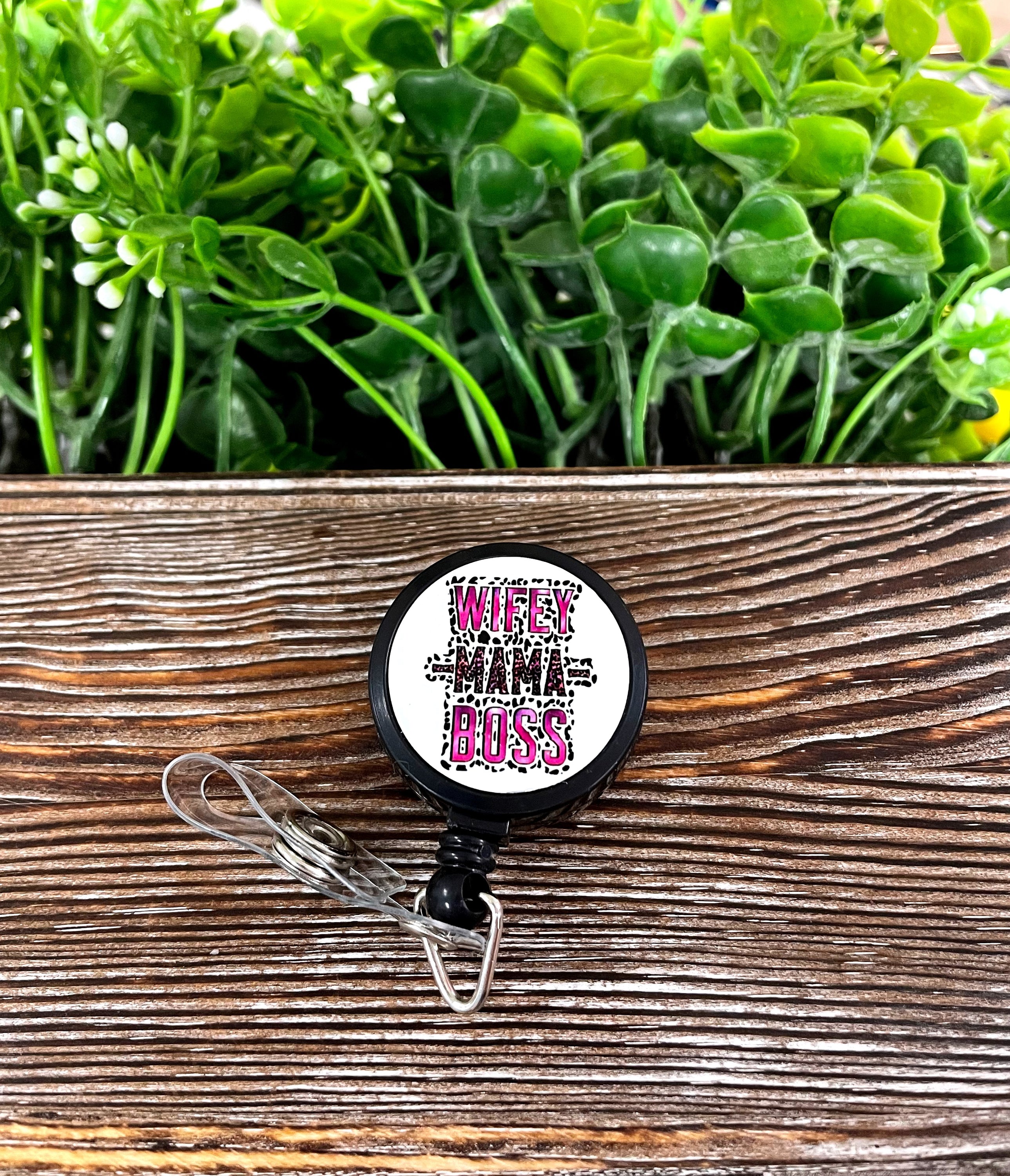 Wifey Mama Boss retractable badge reel featuring a boho fun design, made of metal and plastic with a 24-inch extension cord.