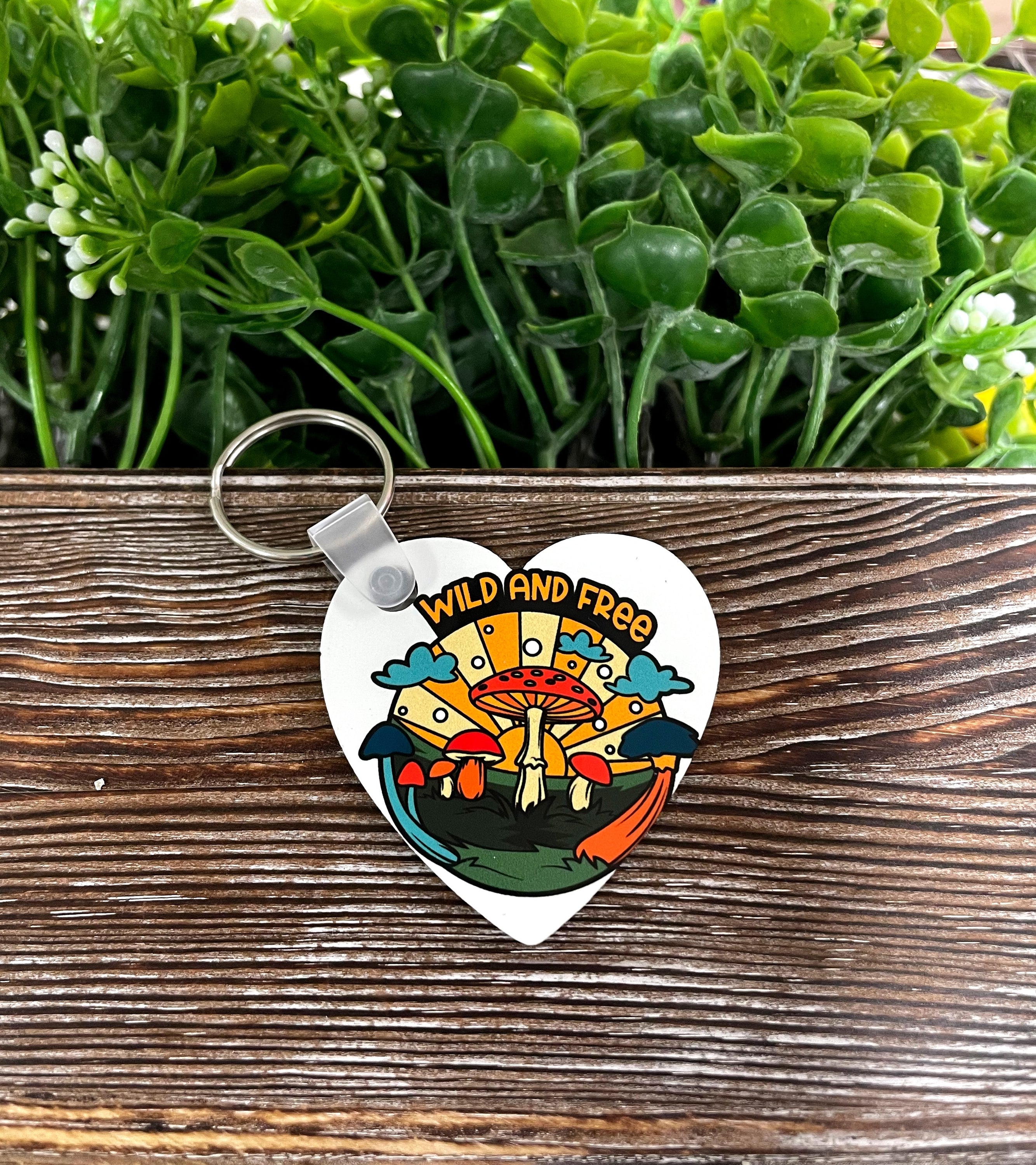 Wild and Free Shrooms MDF Heart Keychain featuring a colorful boho design, lightweight and perfect for personal expression.